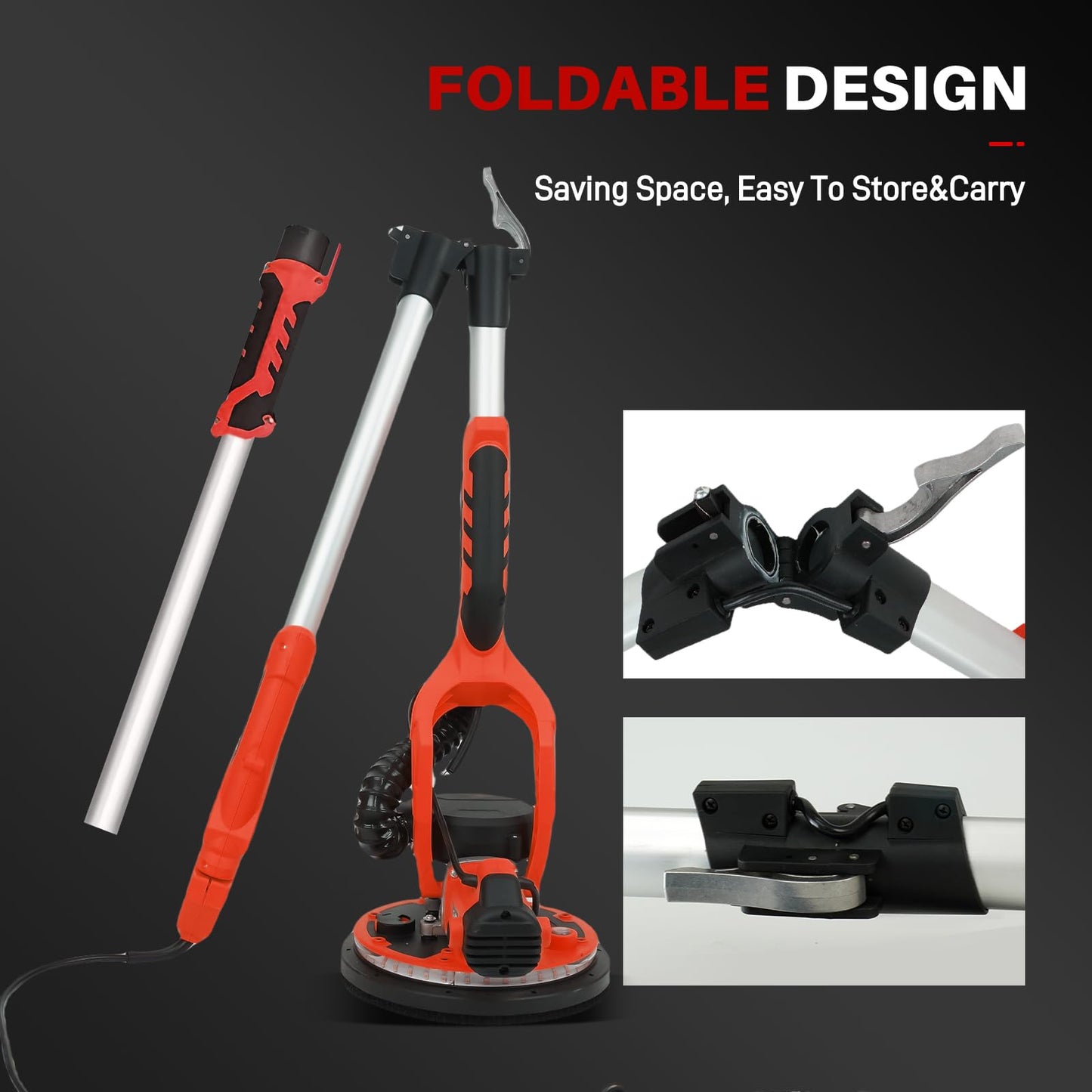 Drywall Sander - Popcorn Ceiling Removal Tool with Vacuum Dust Collector,Foldable,Variable Speed 800-1800RPM,Extendable Handle,LED Light,Sanding Discs,Red