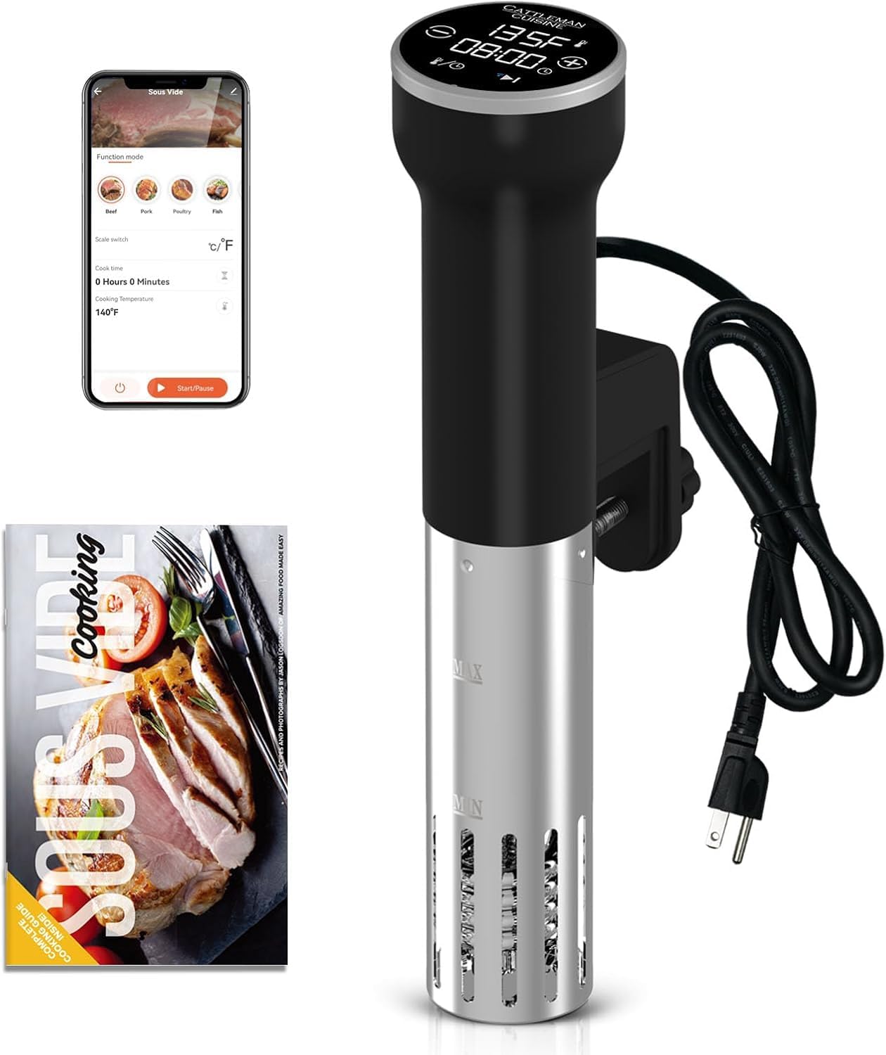 CATTLEMAN Sous Vide Machines Wi-Fi, 1000W, IPX7 Waterproof, Immersion Circulator Precise Cooker, Suvee Cooker with Accurate Temperature&Timer Touch Control, Portable, Noise-free, Fast Heating