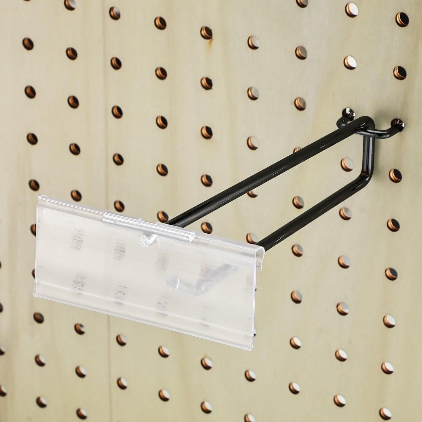 Tandefio 50 Pack 4 Inch Black Metal Peg Board Hooks with Clear Plastic Label Holder Stainless Steel Display Pegboard Hooks for 1/8'' to 1/4'' Pegboard Wall for Garage Storage Retail Shop Supplies