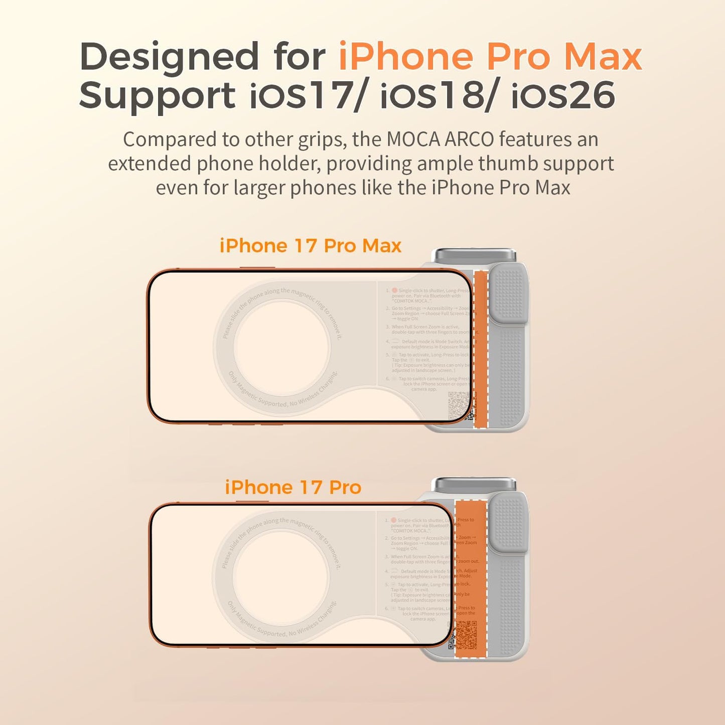 COMITOK iOS17/18/26 Phone Camera Grip MOCA ARCO for Video Recording with Thumb Rest Area Design for iPhone Pro Max