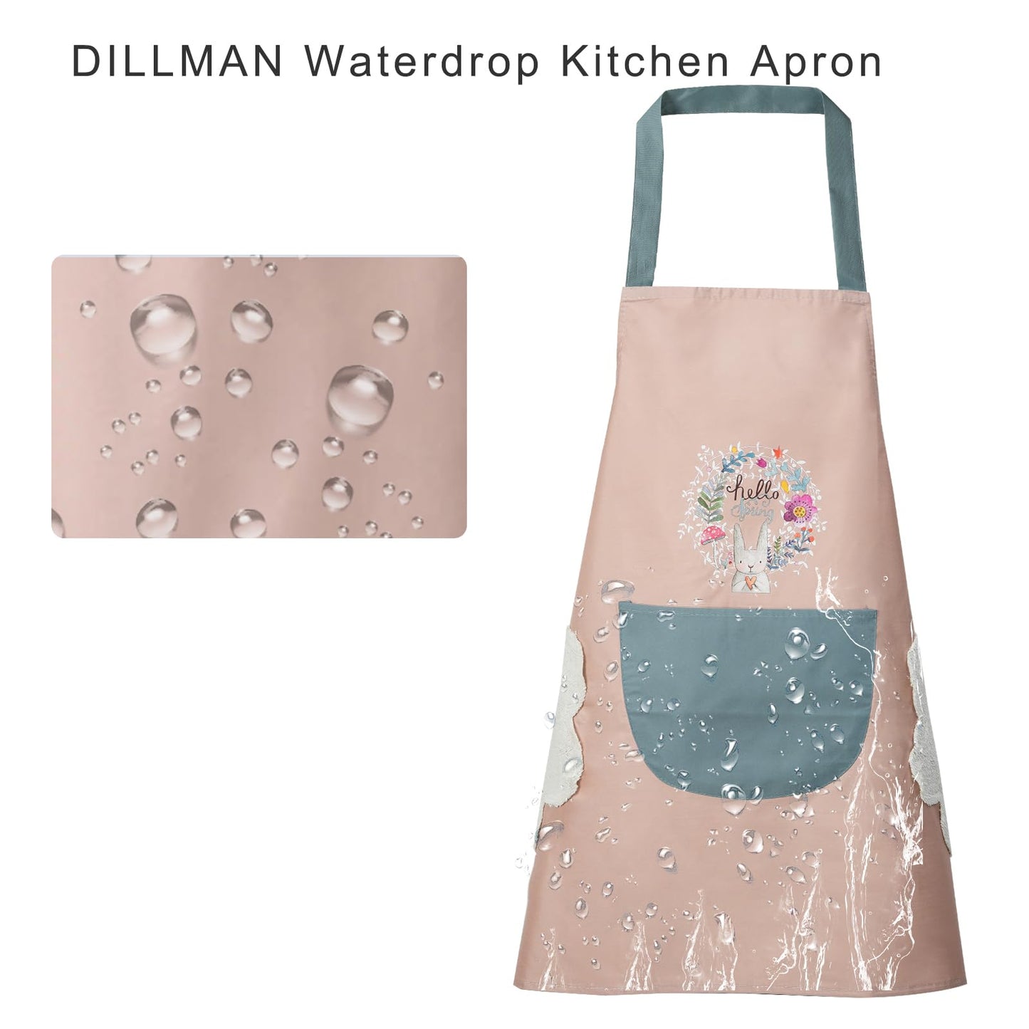 DILLMAN Women Kitchen Apron with Hand Wipe Pockets,Big Pocket,Hand-wiping, Waterproof for Cooking Baking (Blue + Pink)