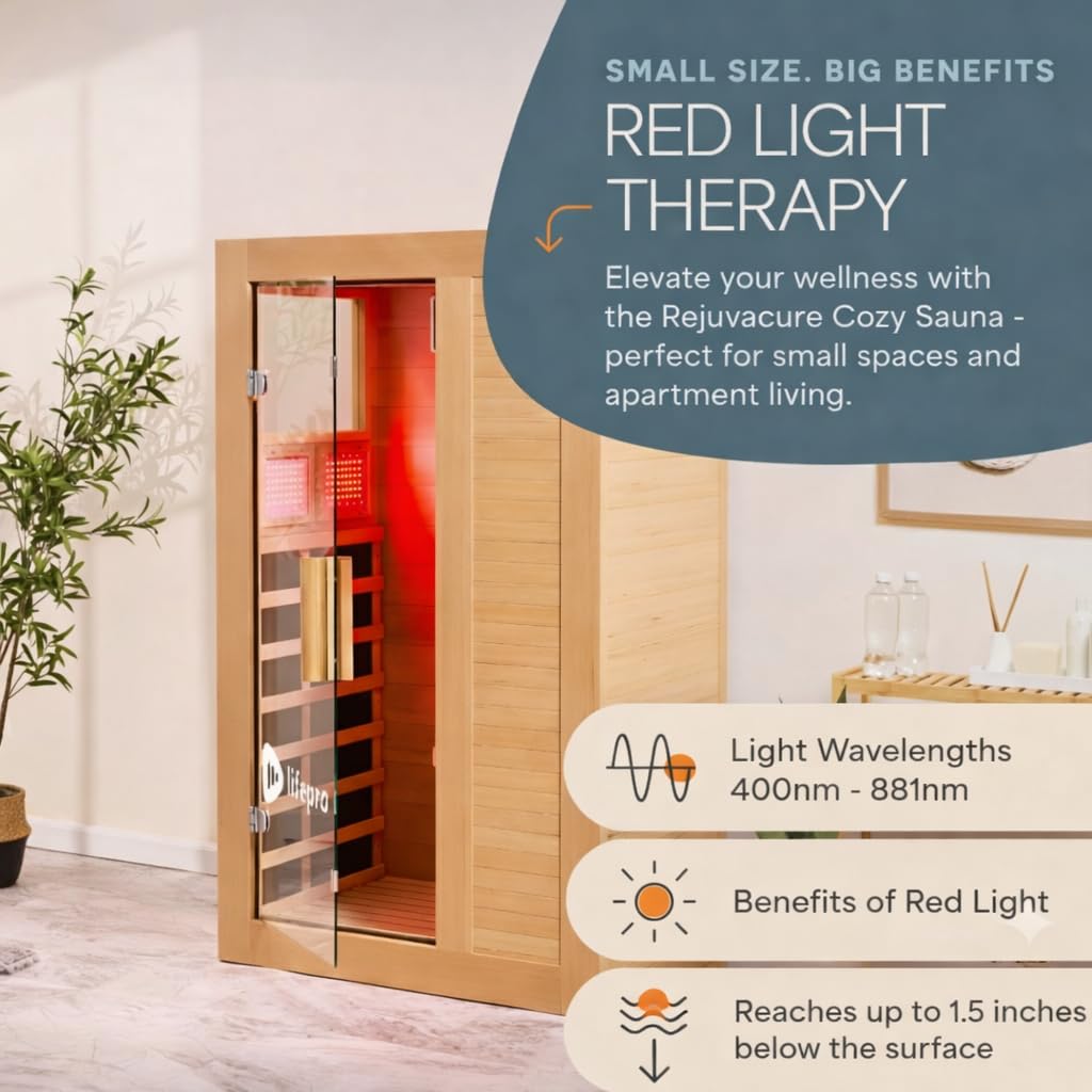 LifePro Rejuvacure 1 or 2 Person Indoor Sauna — Far Infrared Sauna for Home with Chromotherapy Lights — Carbon Fiber Panels, Tempered Glass Door, Canadian Hemlock Wood and Bluetooth Sound System