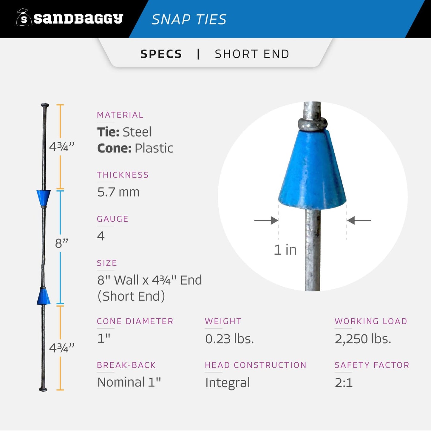 8" Standard Snap Ties for Concrete Forms - 1" Plastic Cones, Integral Heads - 2:1 Safety Factor, 2,250 lbs Working Load - 4 Gauge Steel (Short End - 4.75", 200) - 1 Year Warranty