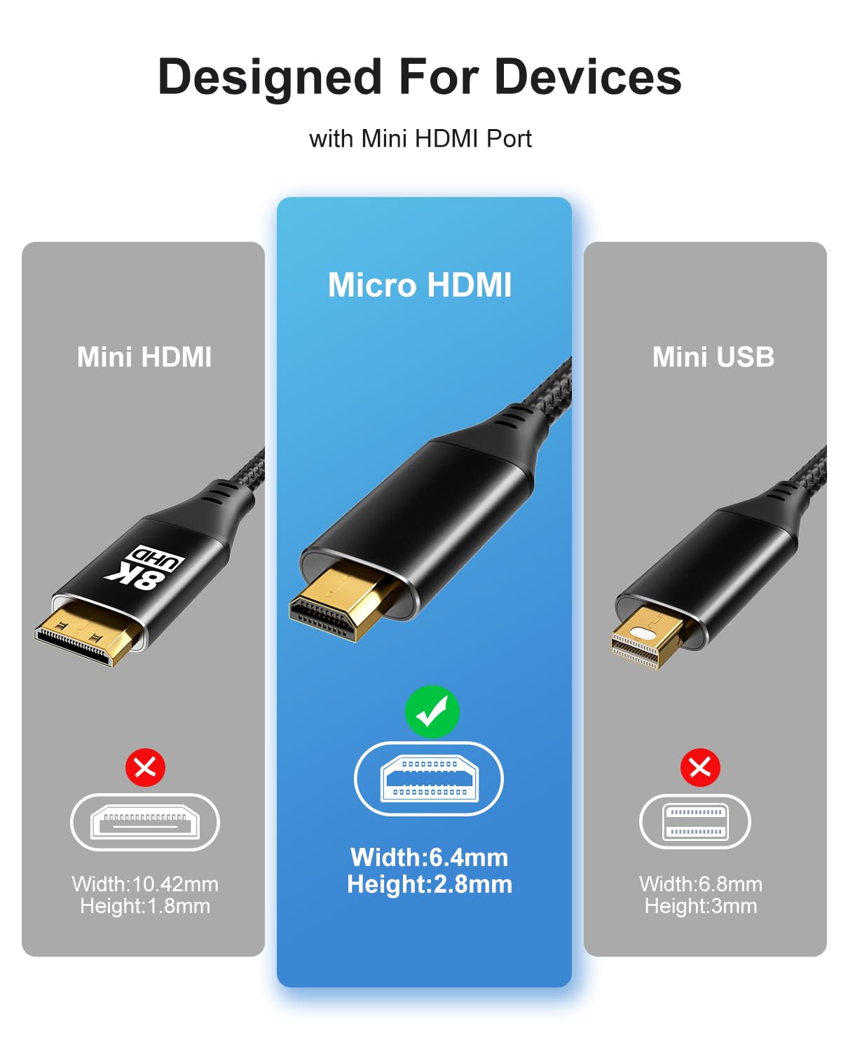 KOMGILK 8K 8K@60Hz, 4K@120Hz 3D 48Gbps Micro HDMI to HDMI Adapter, Micro HDMI Male to HDMI Female Cable with HDR High