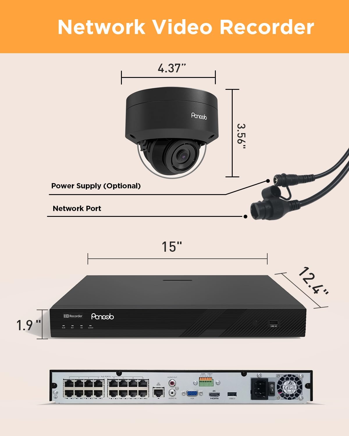 PANOOB 16 Channel Security Camera System, 12PCS 5MP Wired IK10 Vandal Dome PoE Camera Outdoor, Human Detection, Built-in Mic, Remote Access, 4K 16CH PoE NVR 4TB HDD for 24-7 Recording, PD54B1216-5M