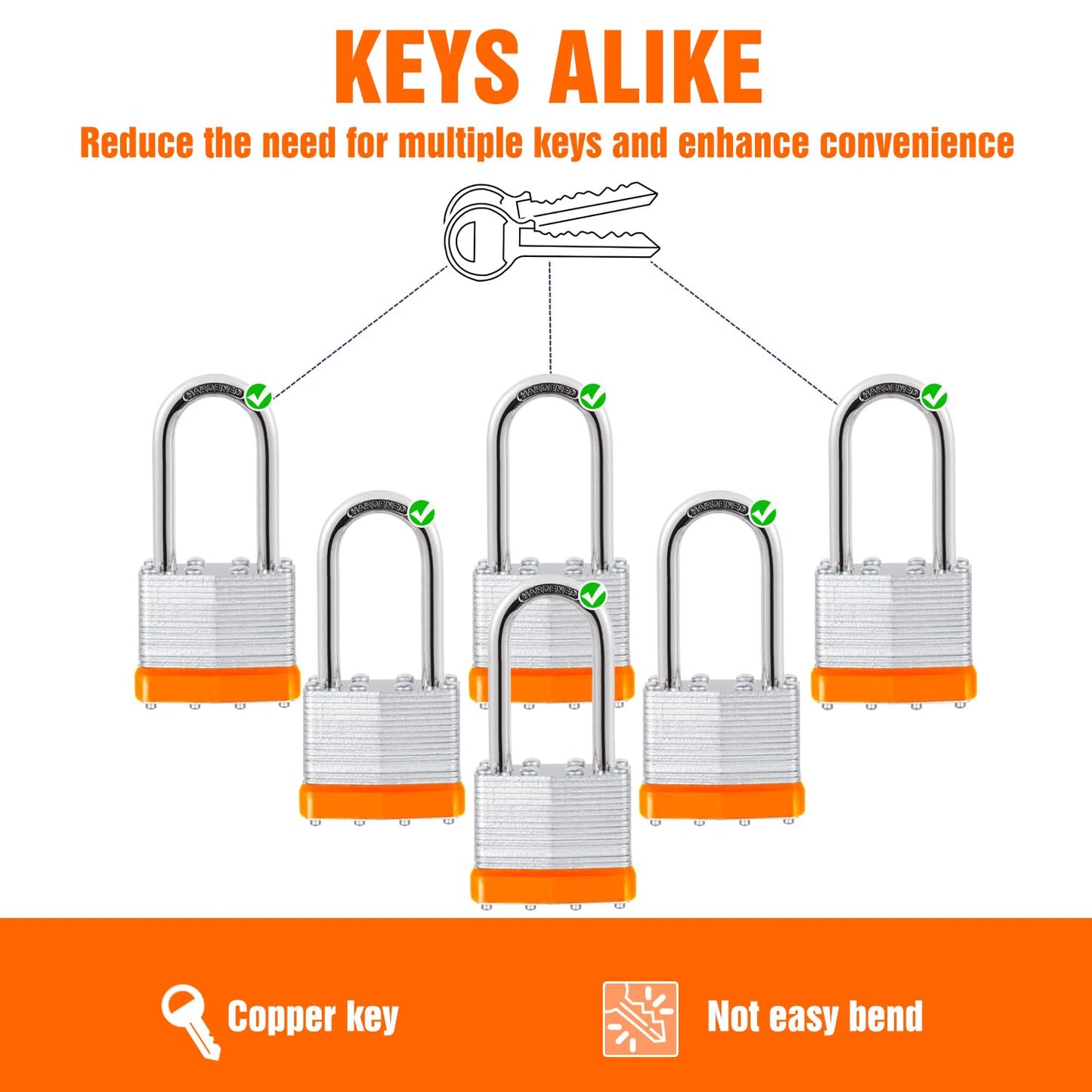 6Pcs Padlocks with Same Keys,Laminated Steel Orange Silver(1-9/16",40mm),Long Shackle for Sheds,Gates,Fences,Toolbox,Outdoor and Indoor Use