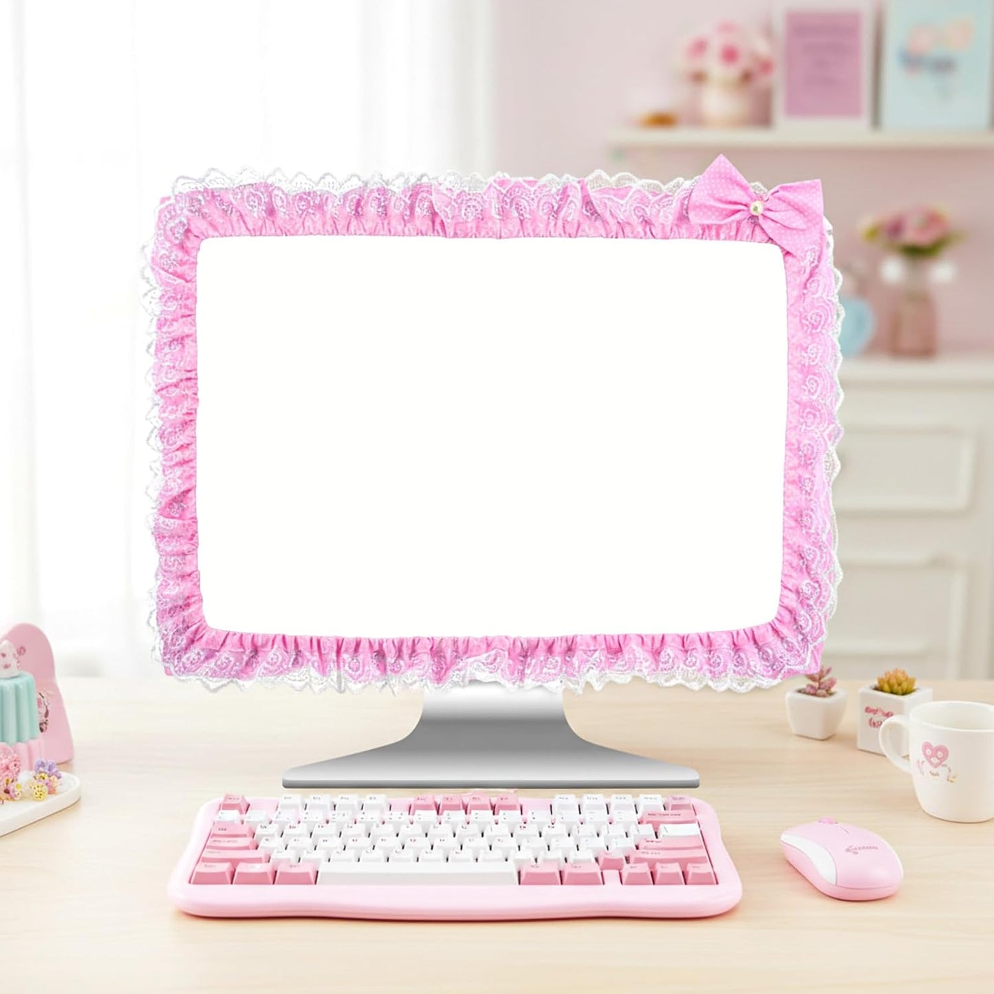 Yuanchu 23"-27" Lovely Computer Monitor Cover, Cute Bow-knot Dust Protector Pink TV Screen Monitor Decoration Dust