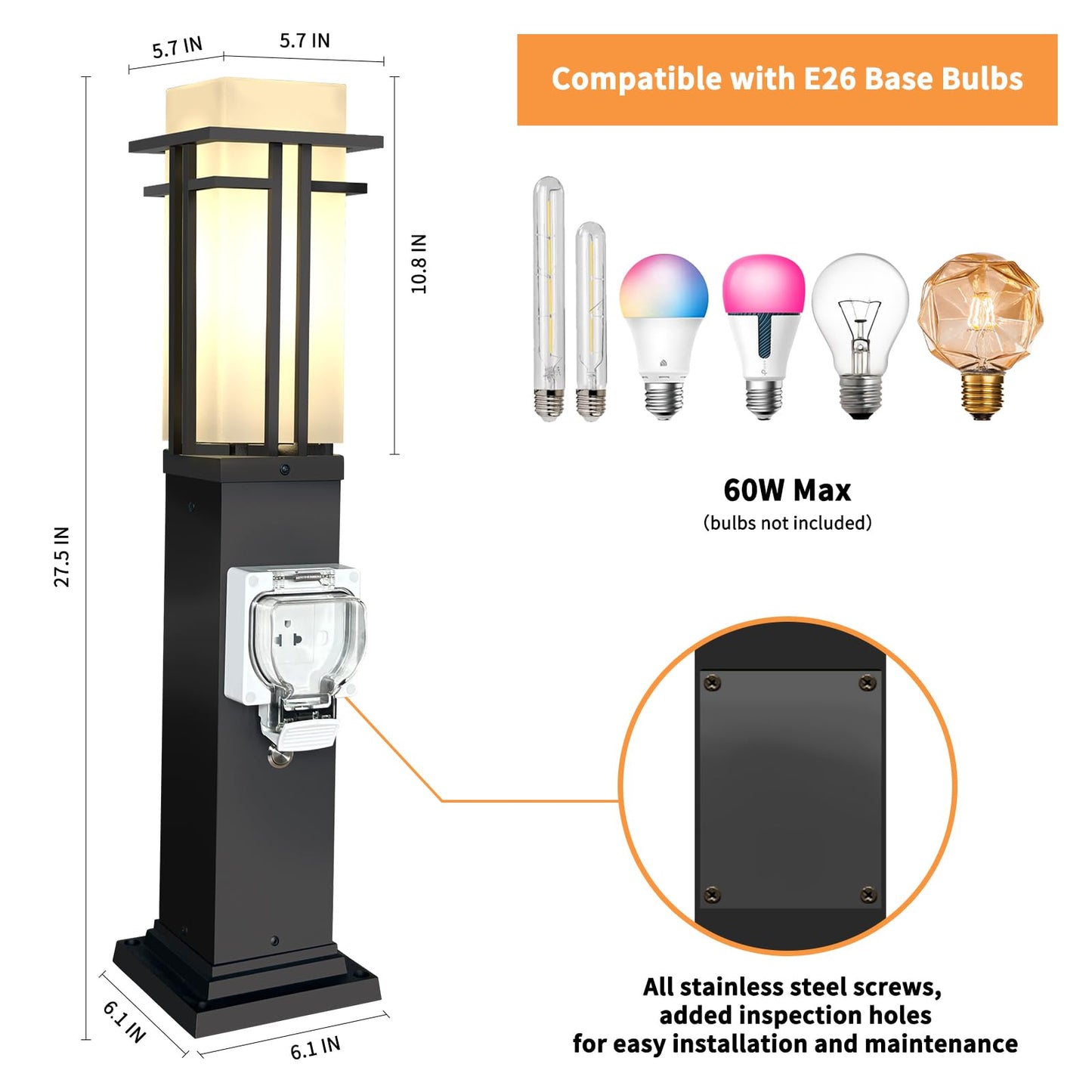 Yoenecea Outdoor Lamp Post with Outlet, Modern Post Light Fixture for Yard, Aluminum Lamp Pole Outdoor Lighting with Glass, Waterproof Outside Street Light for Pathway Garden Patio (27.5''H, 1 pc)