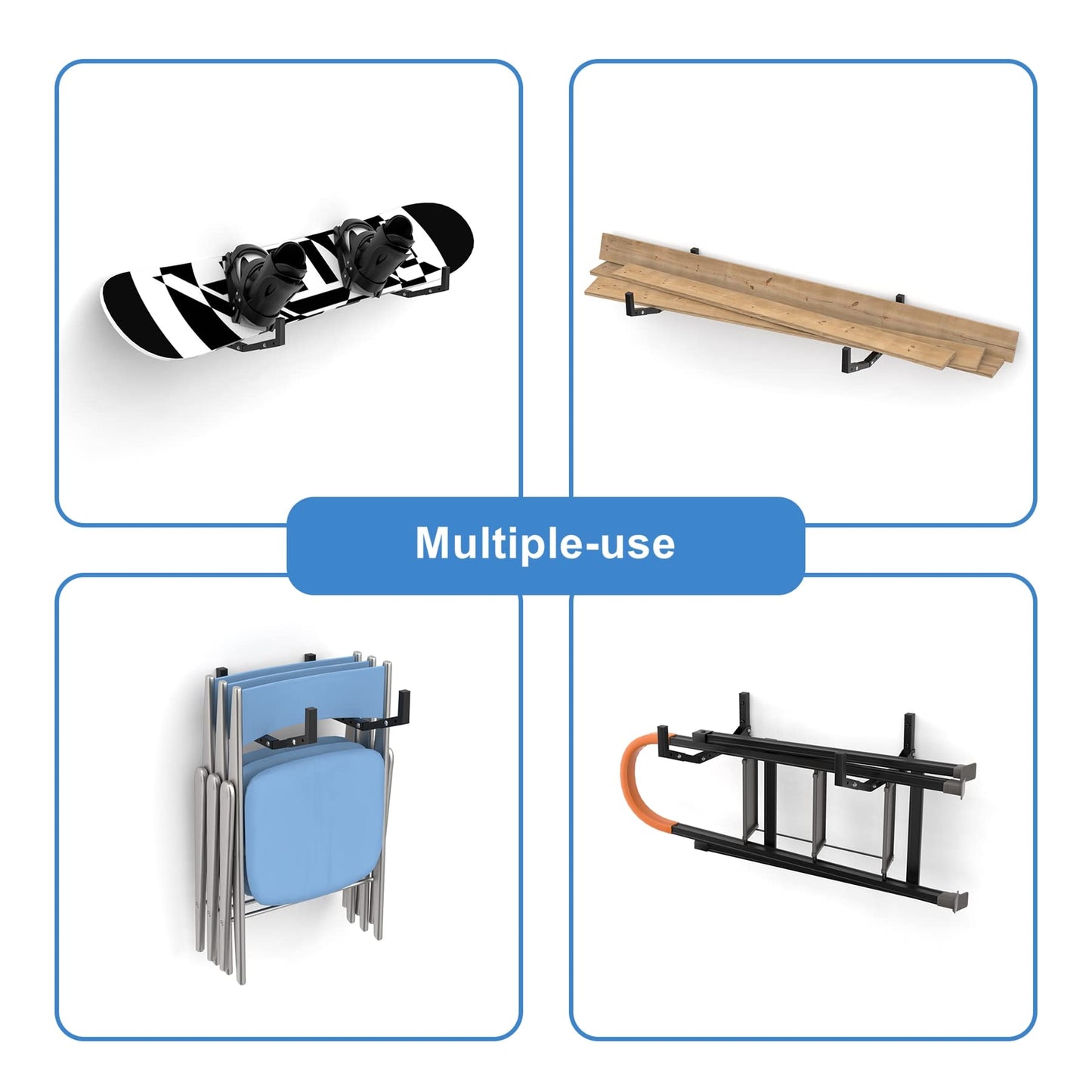 WALMANN Kayak Storage Rack, Wall Mount Kayak Hooks for Garage Kayak Wall Hangers for Kayak, Surfboard, Skiis, Snowboard, Paddle Board(2 Pairs for 2 Kayaks)