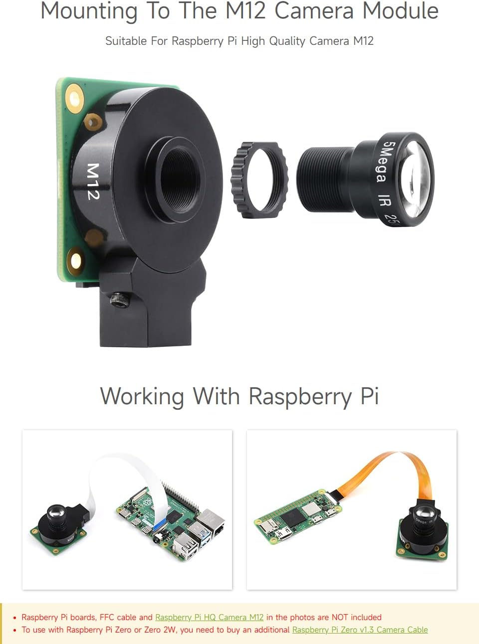 waveshare M12 5MP, 25mm M12 Long Focal Length Lens, Focal Length, Large Aperture, Compatible with Raspberry Pi Camera