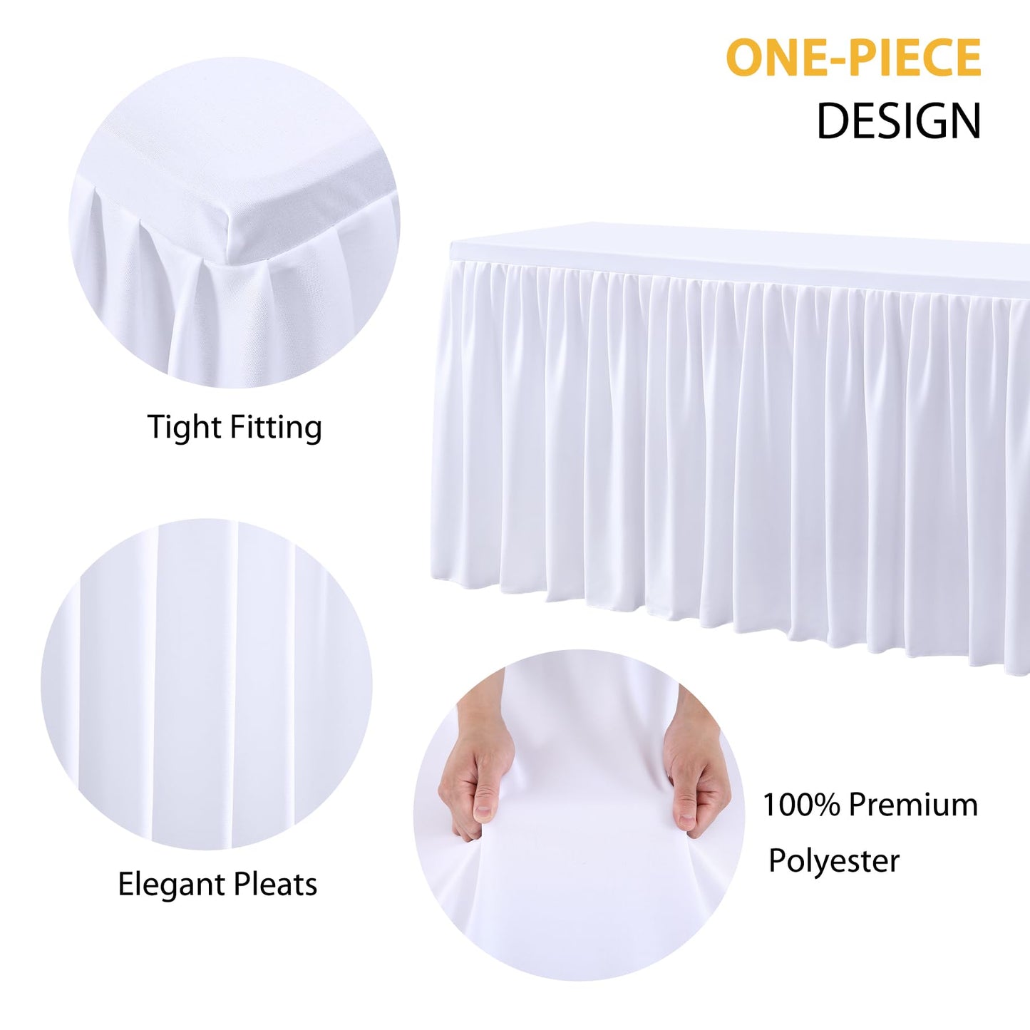 Party Talk White Polyester Table Clothes for 4 Foot Rectangle Tables, Wrinkle Free Fitted Table Cover 4ft Stretch Tablecloths with Skirt for Parties Weddings Birthday Banquet Baby Shower
