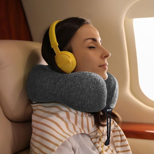 Napfun Travel Neck Pillow - Upgraded 100% Pure Memory Foam for Airplane Comfort | Portable Grey Headrest