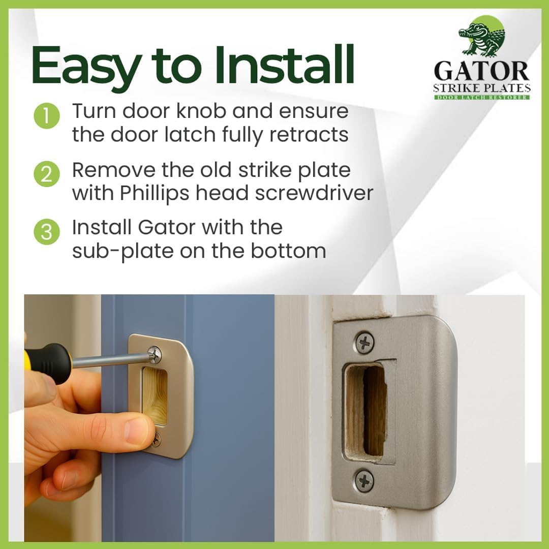 Gator Door Strike Plate with Screws, – 2-1/4" by 1-3/4" Universal Latch Restorer Alloy Steel Lock Hardware for Interior and Exterior Doors, Replacement Door Latch Plate | Satin Nickel 1-Pack