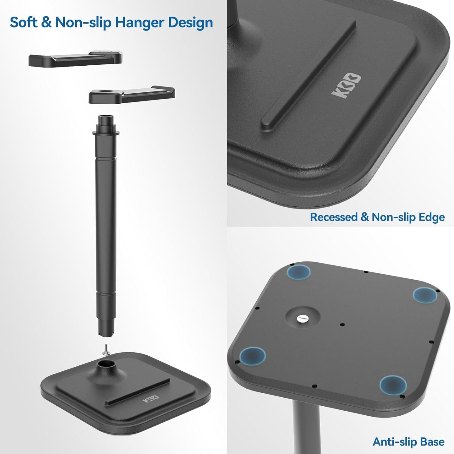 KDD Headset Dual Headphone Stand for Desk - Rotatable Hanger with Phone Holder - Removable Non-Slip Base for Gamers