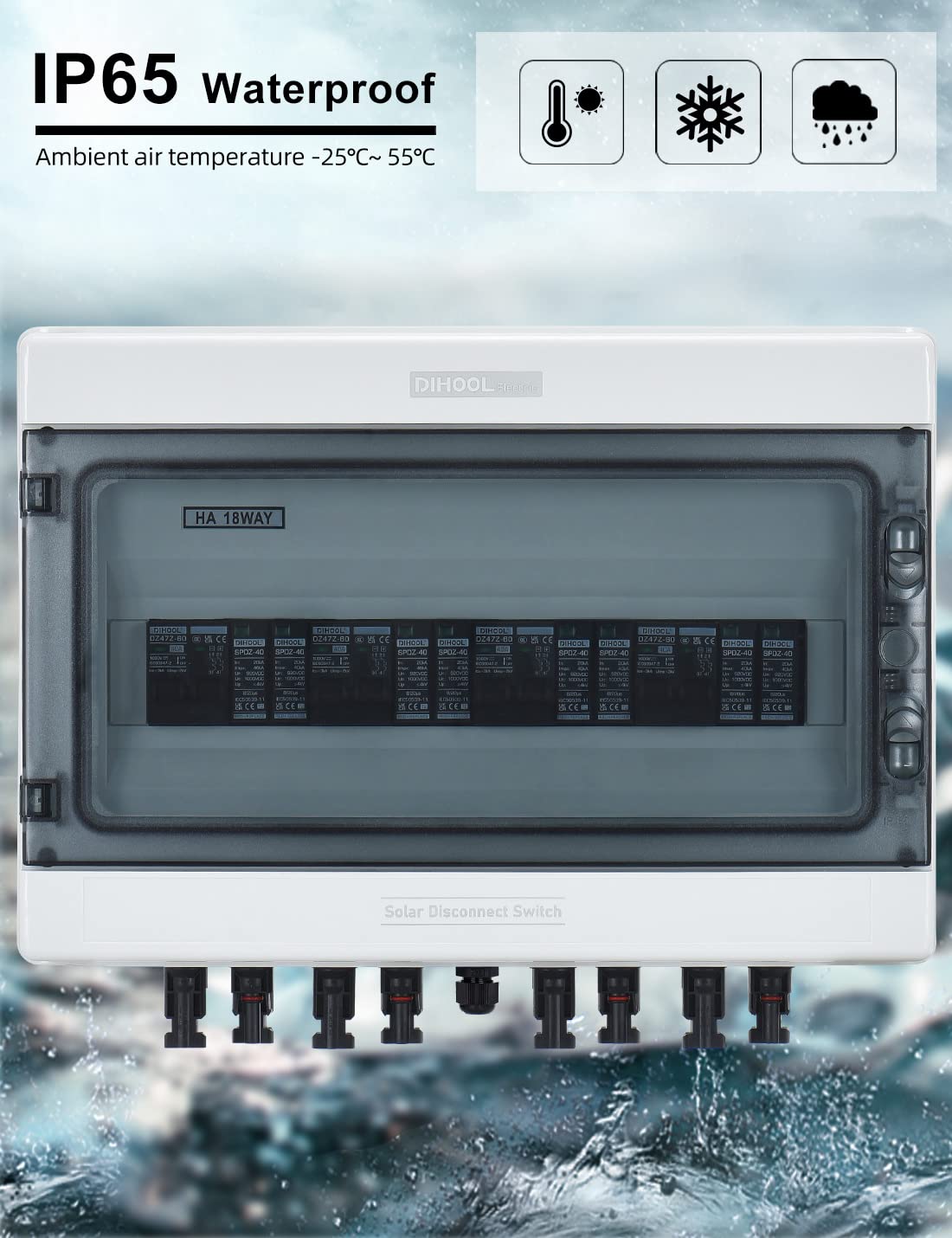 DIHOOL Solar Disconnect Switch 40Amp DC Circuit Breaker with Surge Protector PV Combiner Box for Solar Panel 4 in 4 Out 1000V