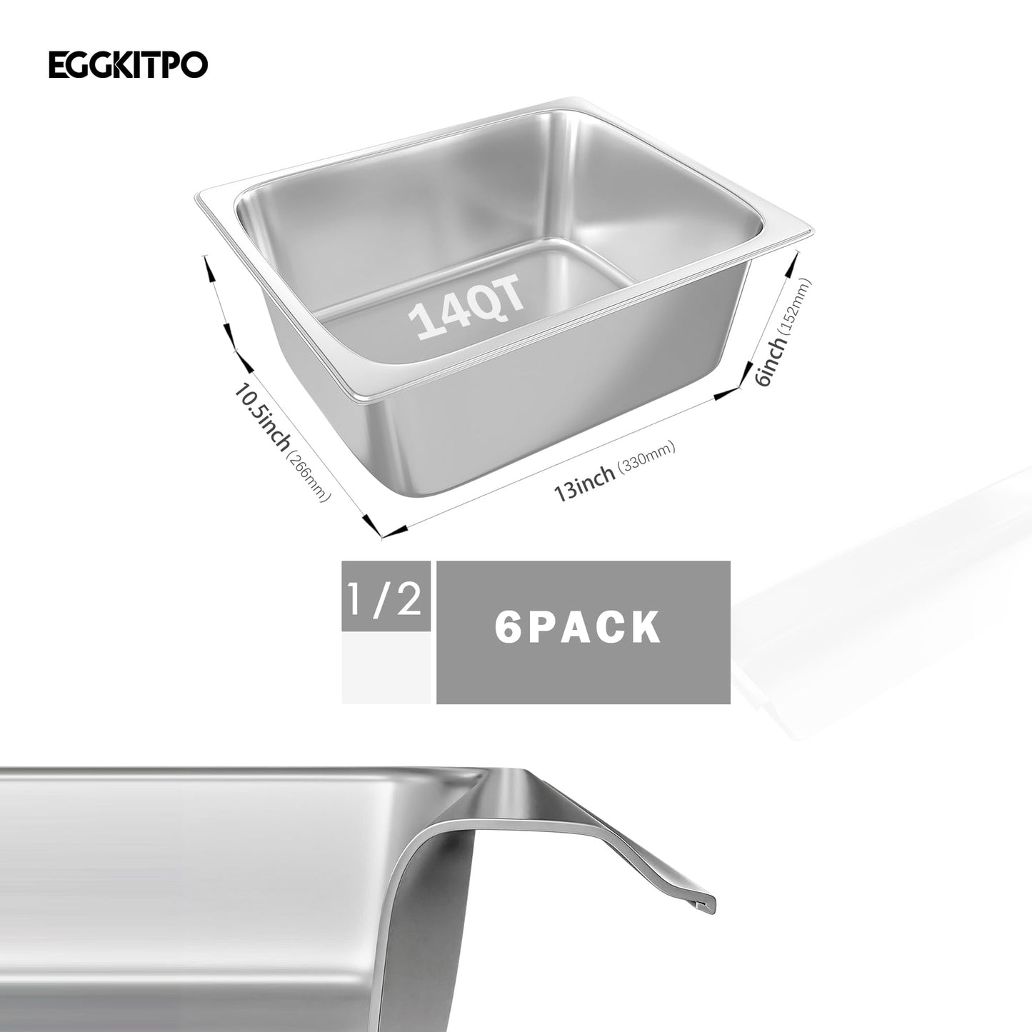 EGGKITPO 6-Pack Steam Table Pan Half Size 6 Inch Hotel Pan, Stainless Steel Metal Food Pan for Restaurant Food Container Warming Pans for Daily Use and Commercial
