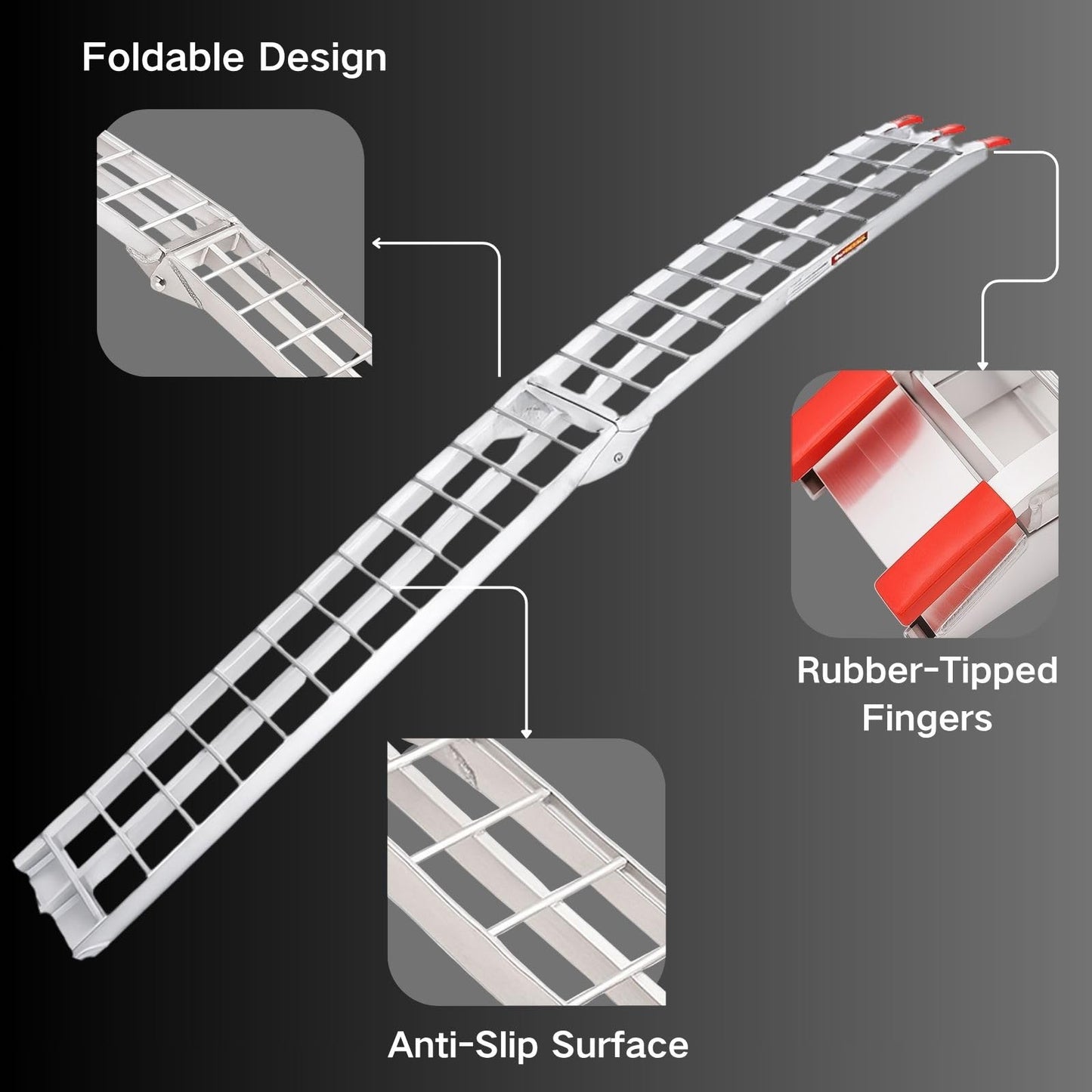 ATV Ramps for Pickup Trucks, 7.5 ft Folding Aluminum Truck Ramps 2 Pack, Crossbar Rungs Traction, Rubber-Tipped Fingers, Load Straps Included, 1,500 lb per Pair (750 Each), 89 x 12 in