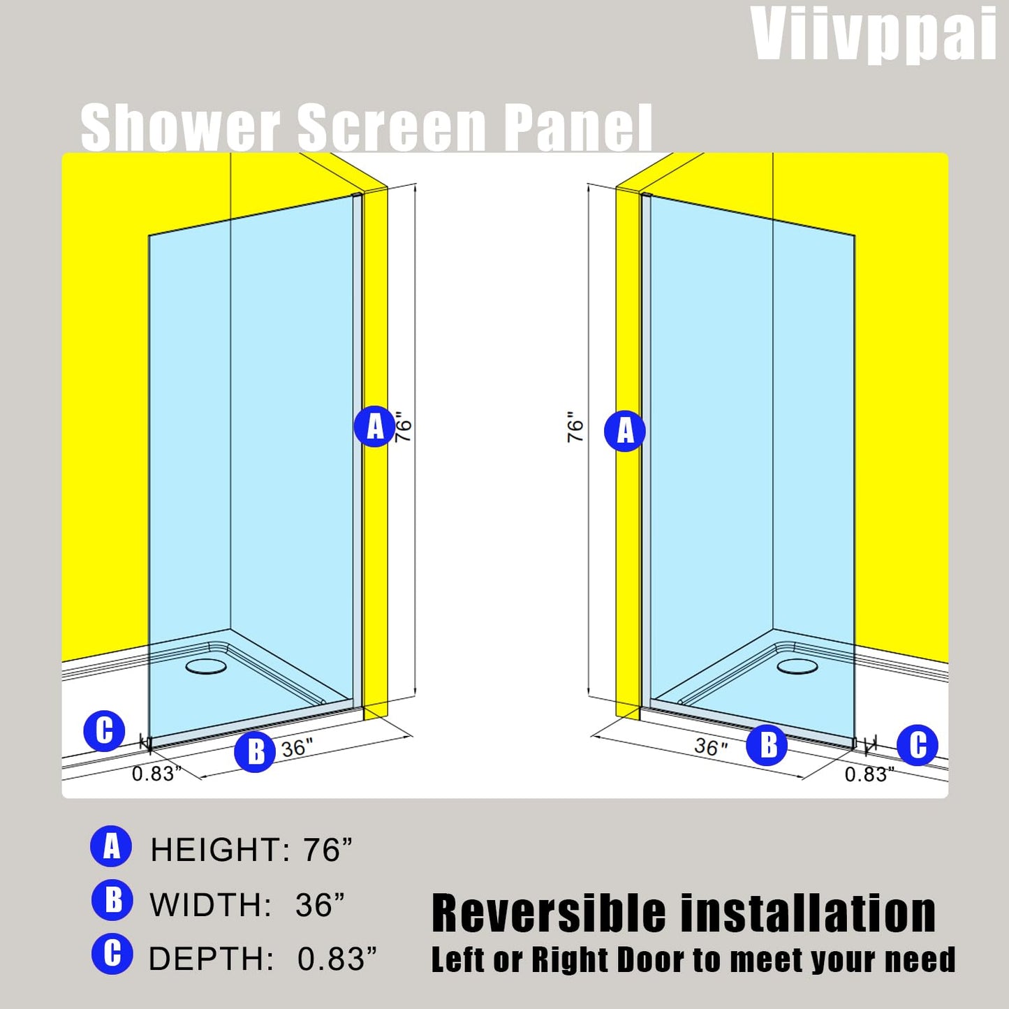 Viivppai Shower Screen 36" x 76" Half Frameless Shower Wall Panel, Tempered Glass 3/8 inch, Easy to clean Coating, Fixed Glass Shower Door with Hardware (Matte Black)