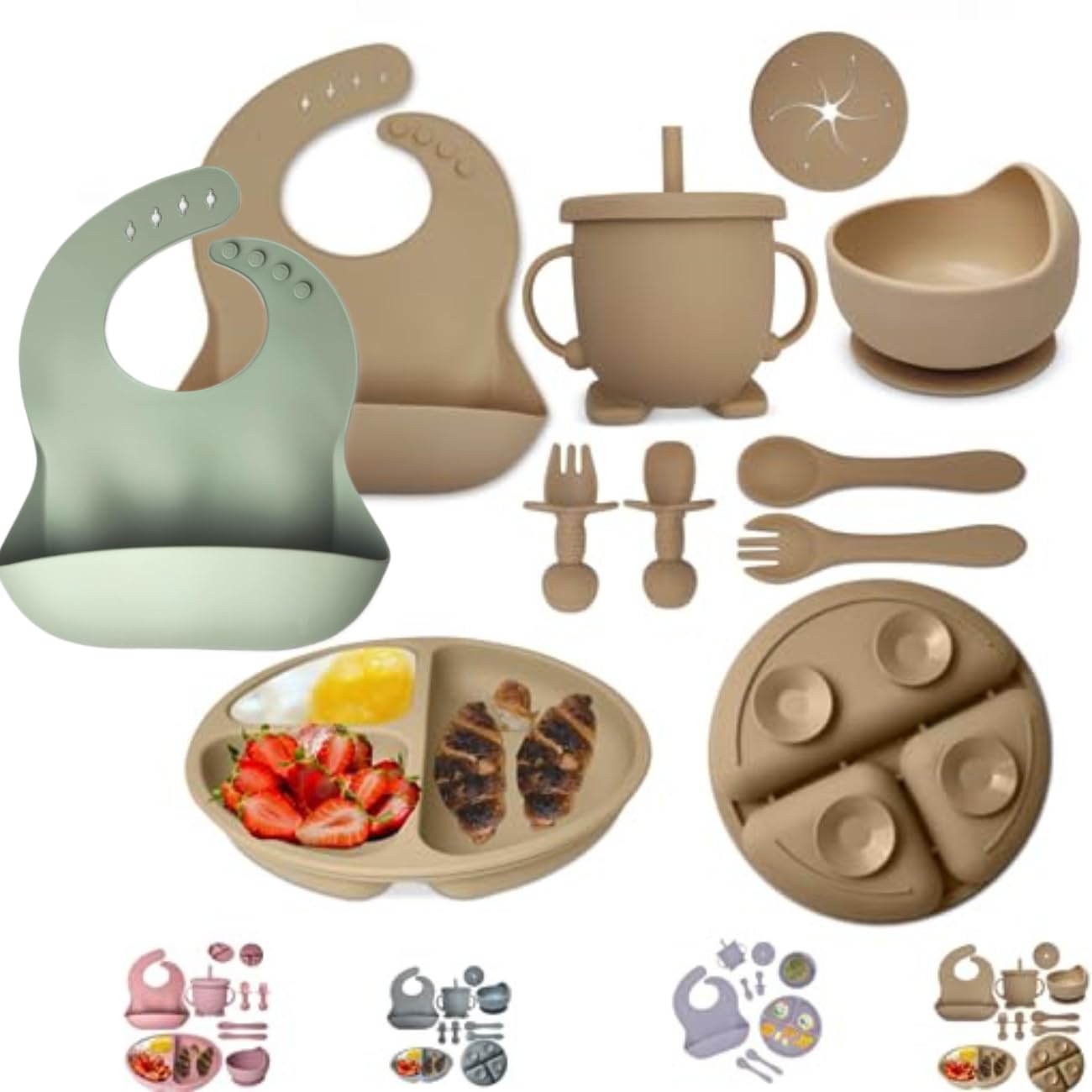 Mutualproducts - Baby Feeding Set 10-Piece | Baby Led Weaning Utensils Set Includes Suction Bowl and Plate, Baby Spoon and Fork, Sippy Cup, Straw, Lid & 2Bibs | Baby Feeding Supplies (B-Beige)