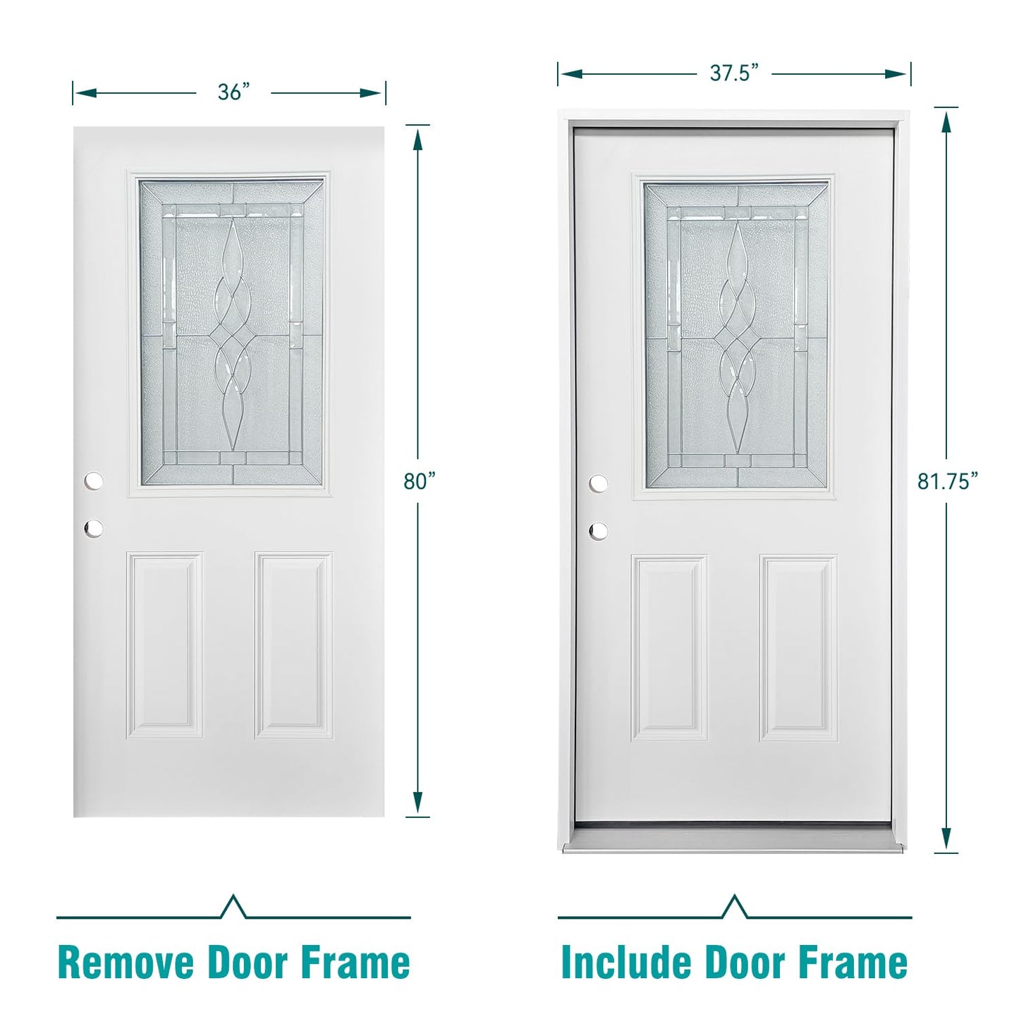 36x80 Fiberglass Prehung Exterior Door, Half Lite 2-Panel Frosted Glass Front Entry Door with Brickmould, White Primed (Right Hand Inswing)