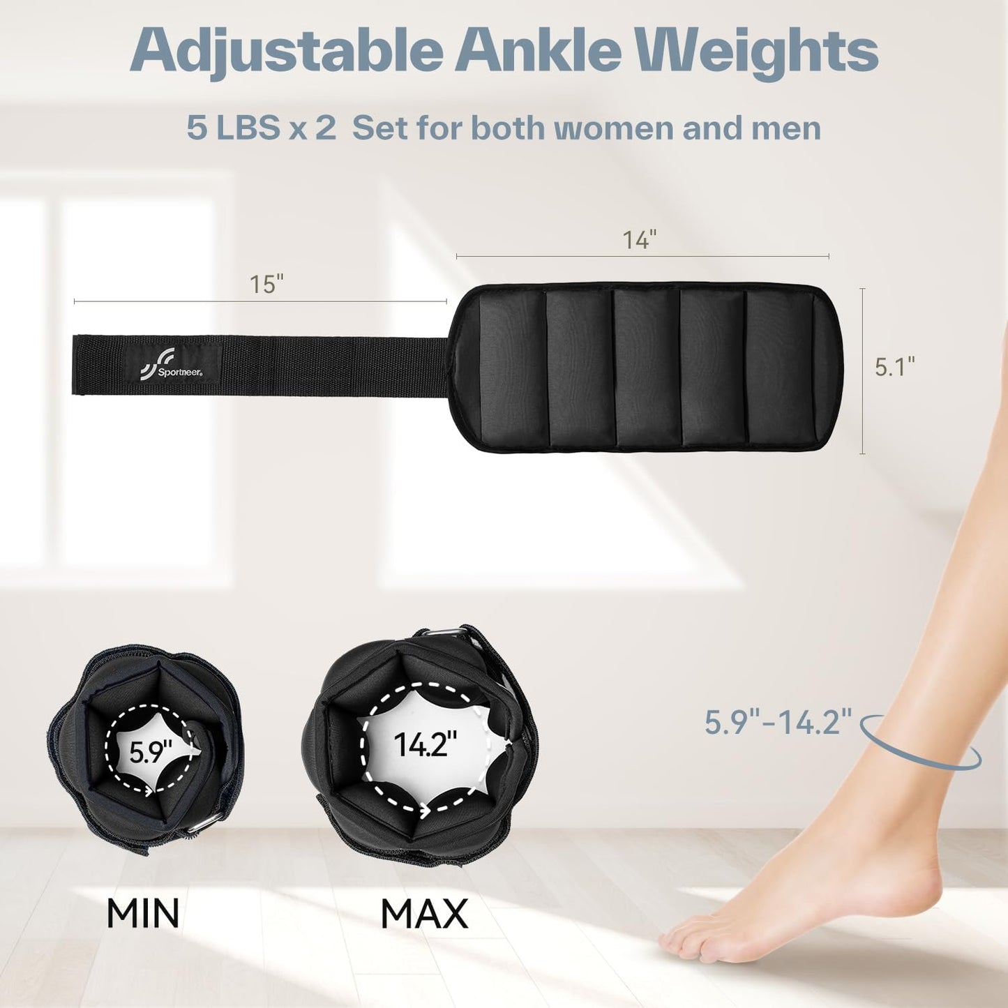 Sportneer Adjustable Ankle Weights: Improved Adjustable Leg Weights, Weight Cuffs Weights for Gym, Fitness, Workout, 1-5 lbs per Ankle, 1-10 lbs per Pair