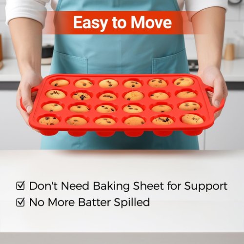 CAKETIME Silicone Mini Muffin Pan - 24-Cup BPA-Free Muffin Molds with Metal Reinforced Frame & Handles | Red 2-Pack