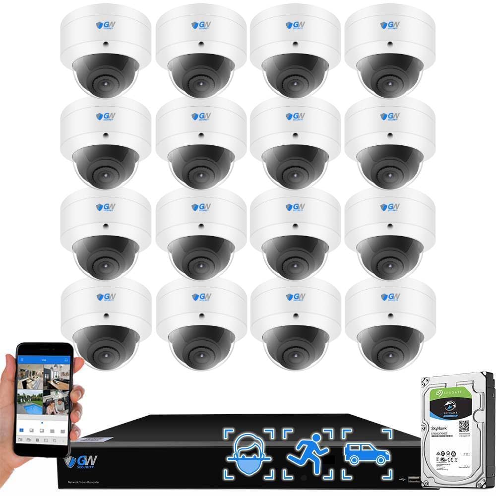 GW Security 16 Channel 12MP NVR UltraHD 4K Face/Human/Vehicle Detection PoE Security Camera System with 16 x 8MP IP Microphone AI Dome Camera, 100ft Night Vision, Outdoor/Indoor Surveillance Camera