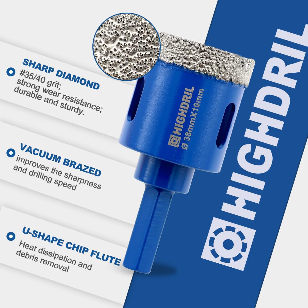 HIGHDRIL Diamond Drill Bits Kit with 5/8-11 for Porcelain Tile Ceramic Marble Brick Concrete Vacuum Brazed Hole Saw(6/8/10/20/35/50/65/100mm+50mm Chamfer Bit+20mm Finger Bit+Adapter)