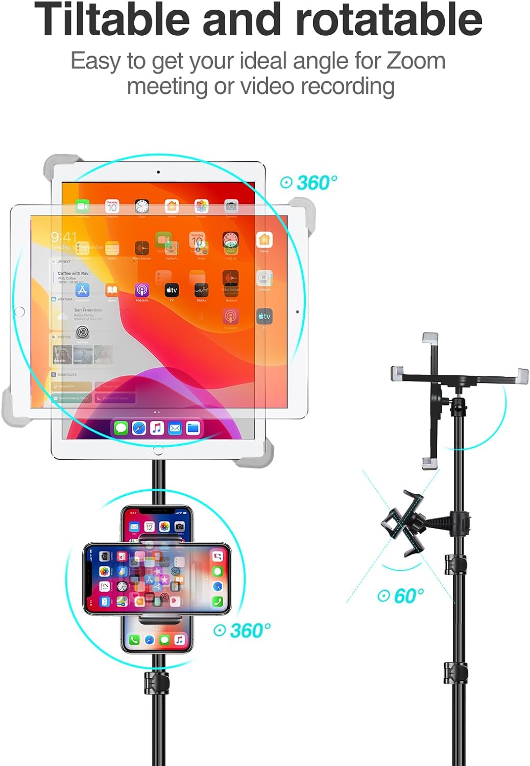 elitehood 360 7.9-11 Inch iPad Tripod Stand, Aluminum Alloy iPad Stand, Rotation Adjustable Height iPad Stand Holder