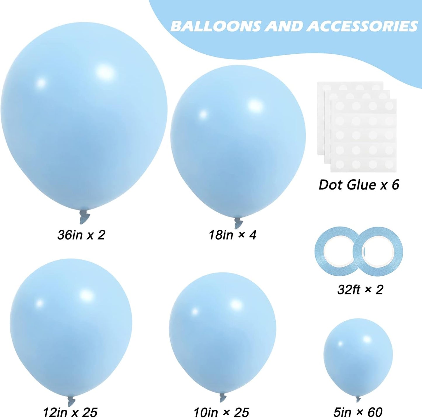 RUBFAC Pastel Blue Balloons - 116-Piece Set in Various Sizes for Birthday & Baby Shower Decor | Light Blue