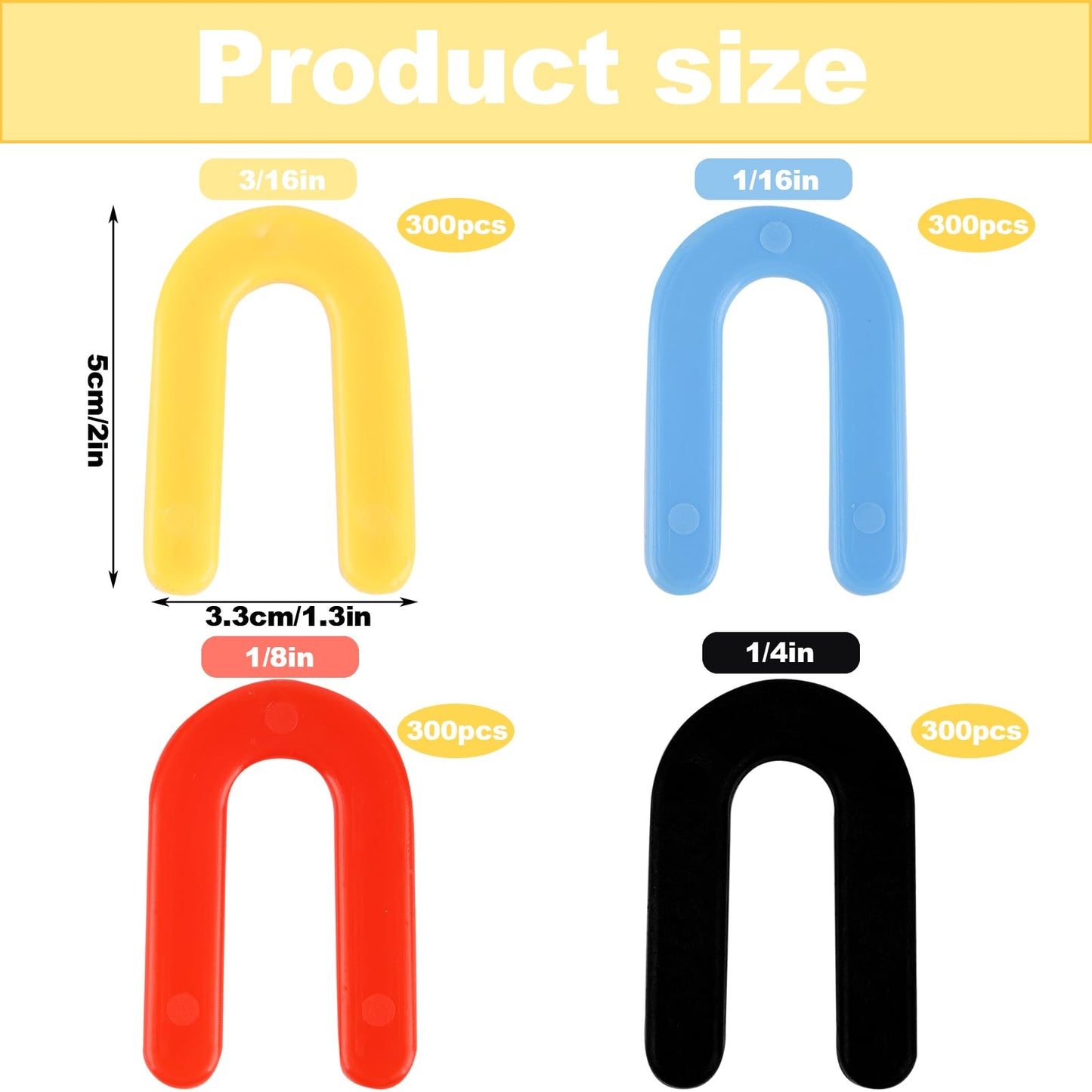 1200PCS Horseshoe Shims, Tile Shims, Plastic Shims for Leveling, Window Shims, U Shims, Blue 1/16”, Red 1/8”, Yellow 3/16”, Black 1/4”