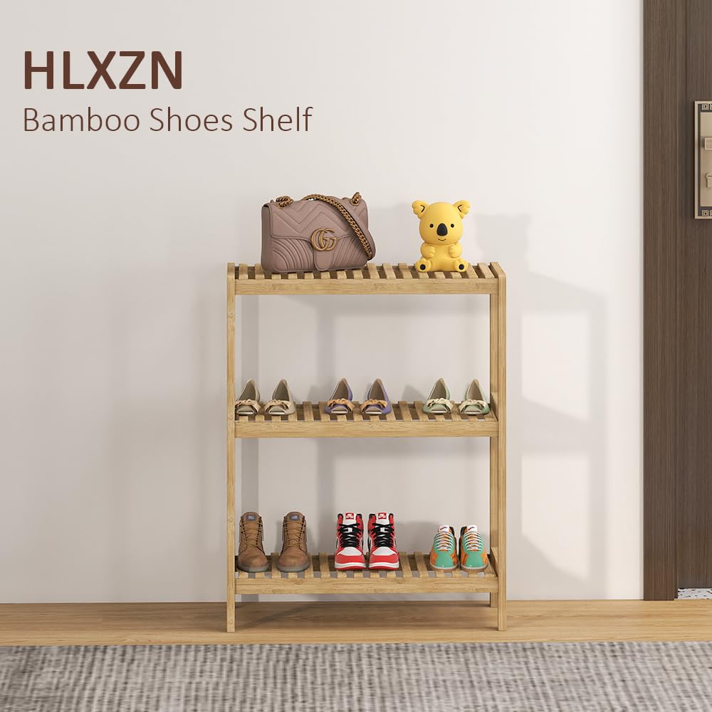 HLXZN 3-Tier Bamboo Freestanding Shelf Unit, Multifunctional Small Bookshelf Bookcase for Bathroom, Kitchen, Living Room, Office