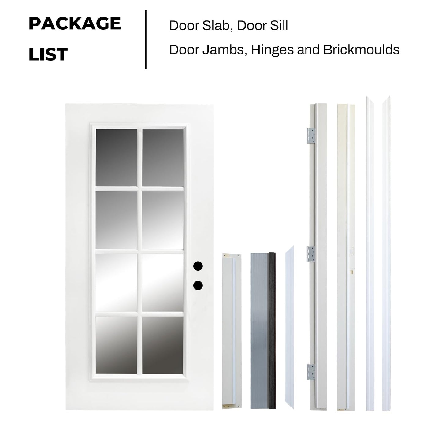 Fiberglass Exterior Front Door 36 x 80'', 8 Lite Low-E Glass Left-Hand Inswing Woodgrain Primed Knock-Down Entry Door with 4-9/16'' Brickmould and Vinyl Frame Included