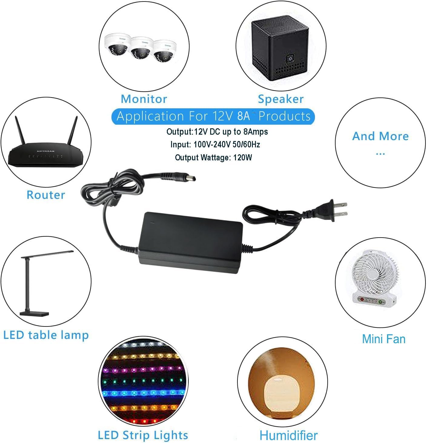 MTYTOT 12V 8A 96W 100V-240V 12 5.5mm x2.5mm/2.1mm DC Power Supply Adapter, AC to DC Volt Transformer, AC/DC Converter
