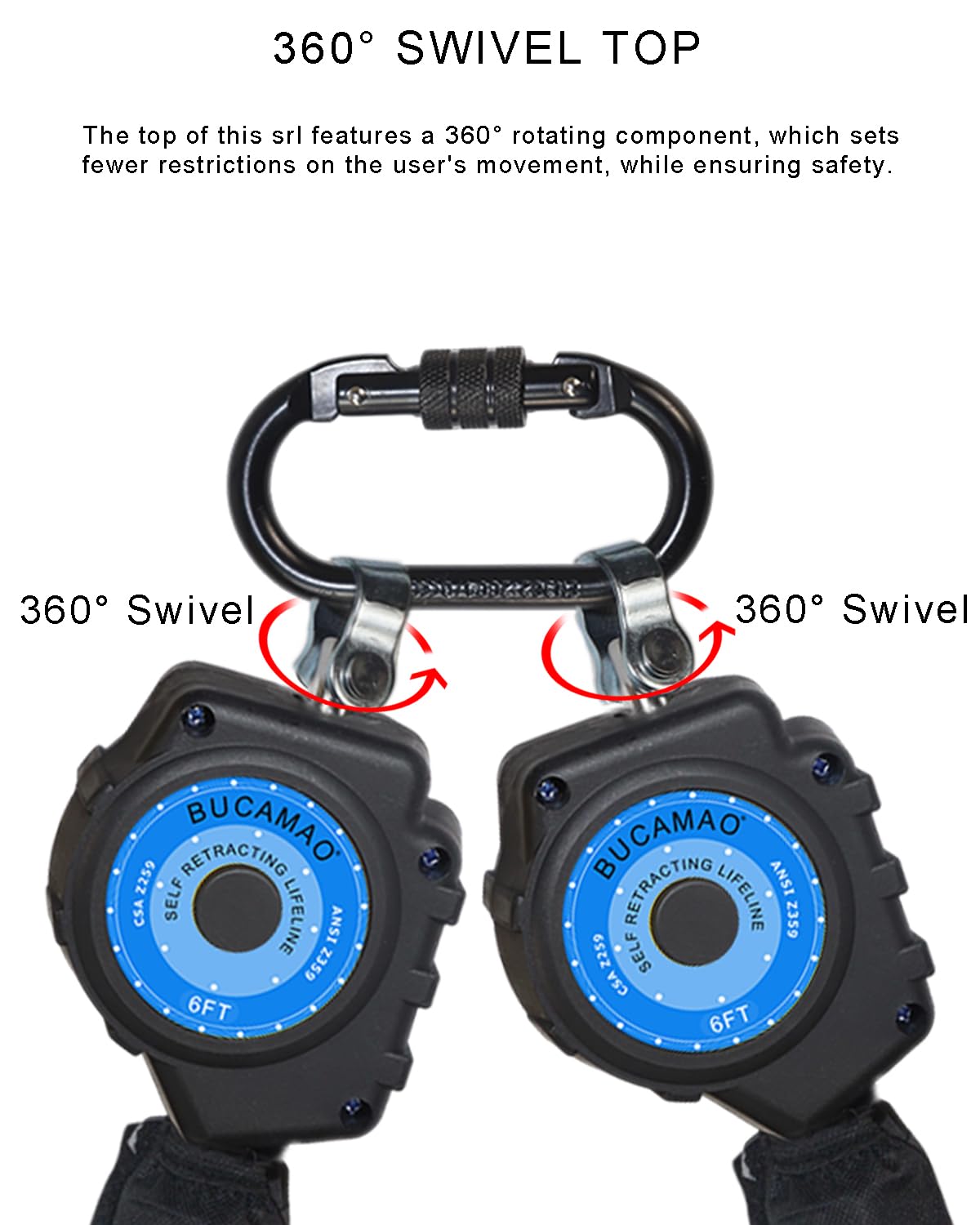 BUCAMAO Swivel Top Self-Retracting Lifeline, Twin-Leg 6FT Web SRL, Retractable Safety Lanyard, Fall Protection PPE Gear, ANSI OSHA Compliant (Rebar Hook)