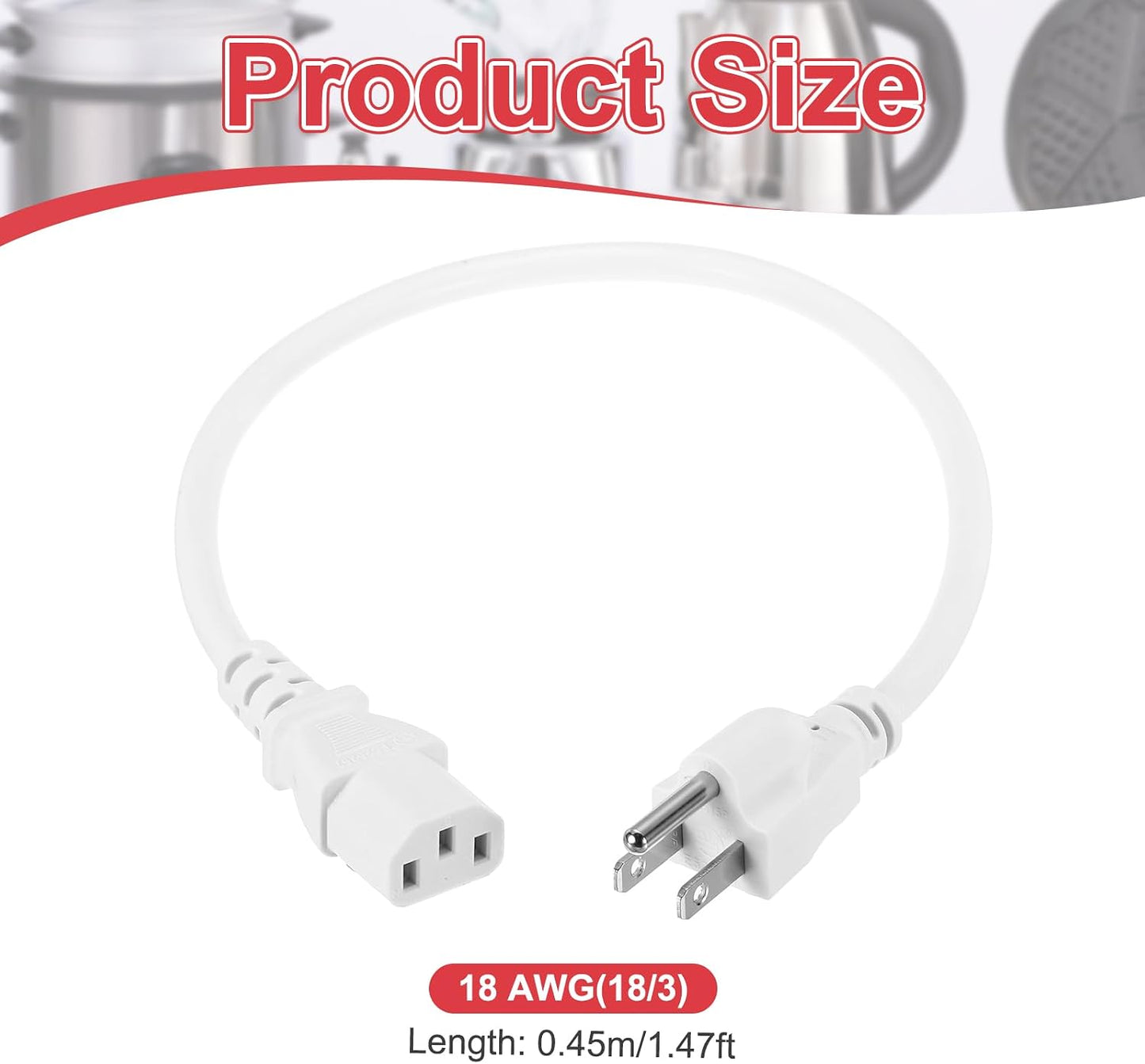 MECCANIXITY 1.5ft 18 18/3 C13 5-15P 10A 125V 3-Prong AWG White Universal Power Cord to NEMA Extension Power Cord