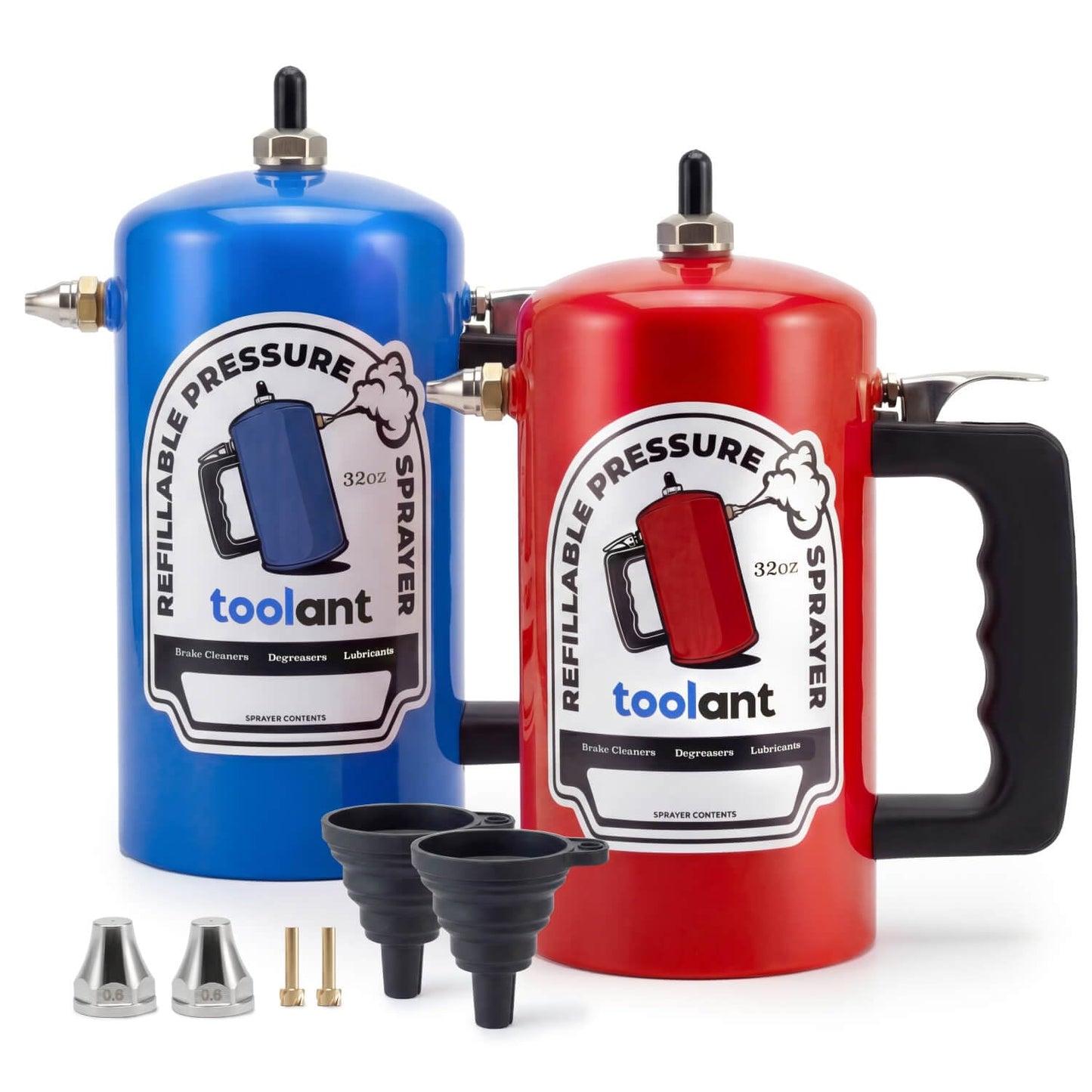 toolant 32 oz Refillable Pressurized Sprayer, Steel Canister, Rust-Resistant Lining, Needle Valve Leak-Resistant, 1.0/0.6 mm Nozzles, Funnel Included, 200 PSI Max, for Brake Cleaner & Solvents, 2 pcs
