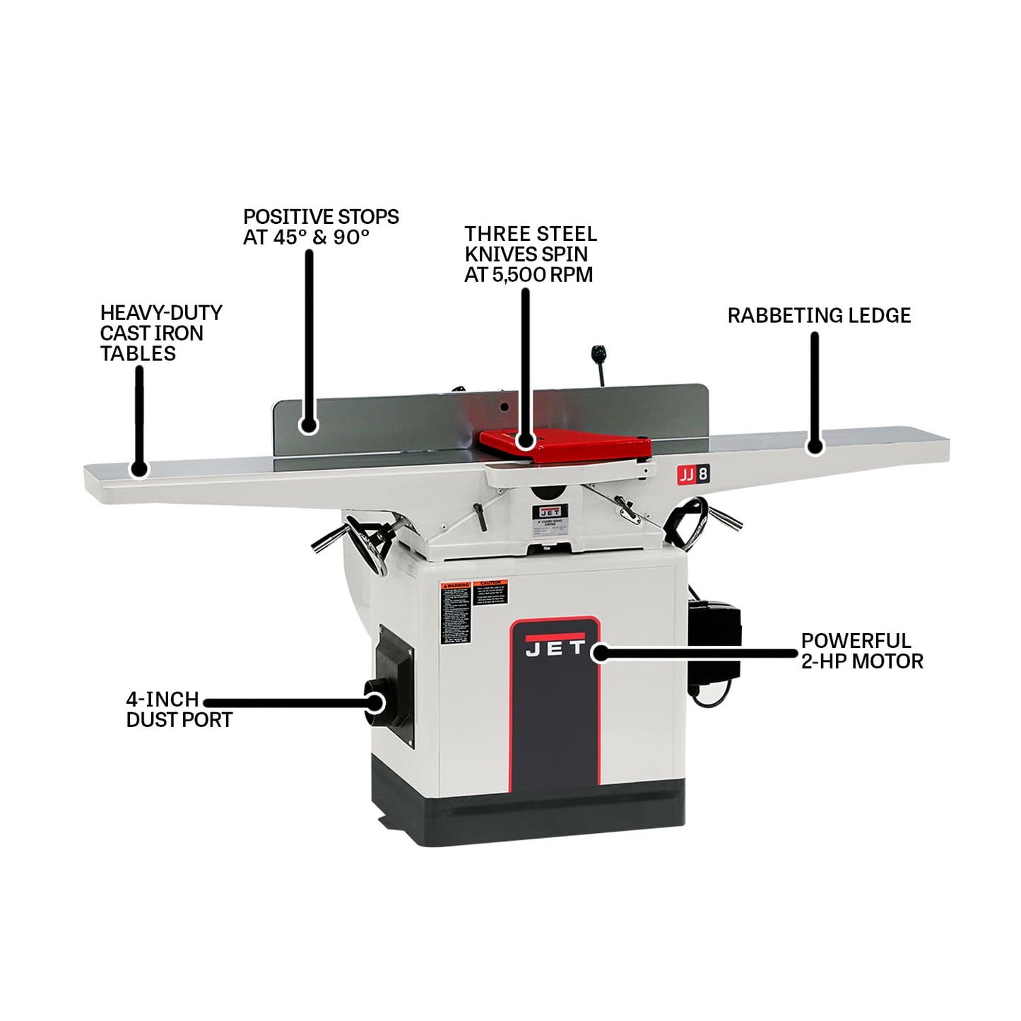 JET 8-Inch Jointer, Straight Knife, 2 HP, 230V 1Ph (JWJ-8CS)