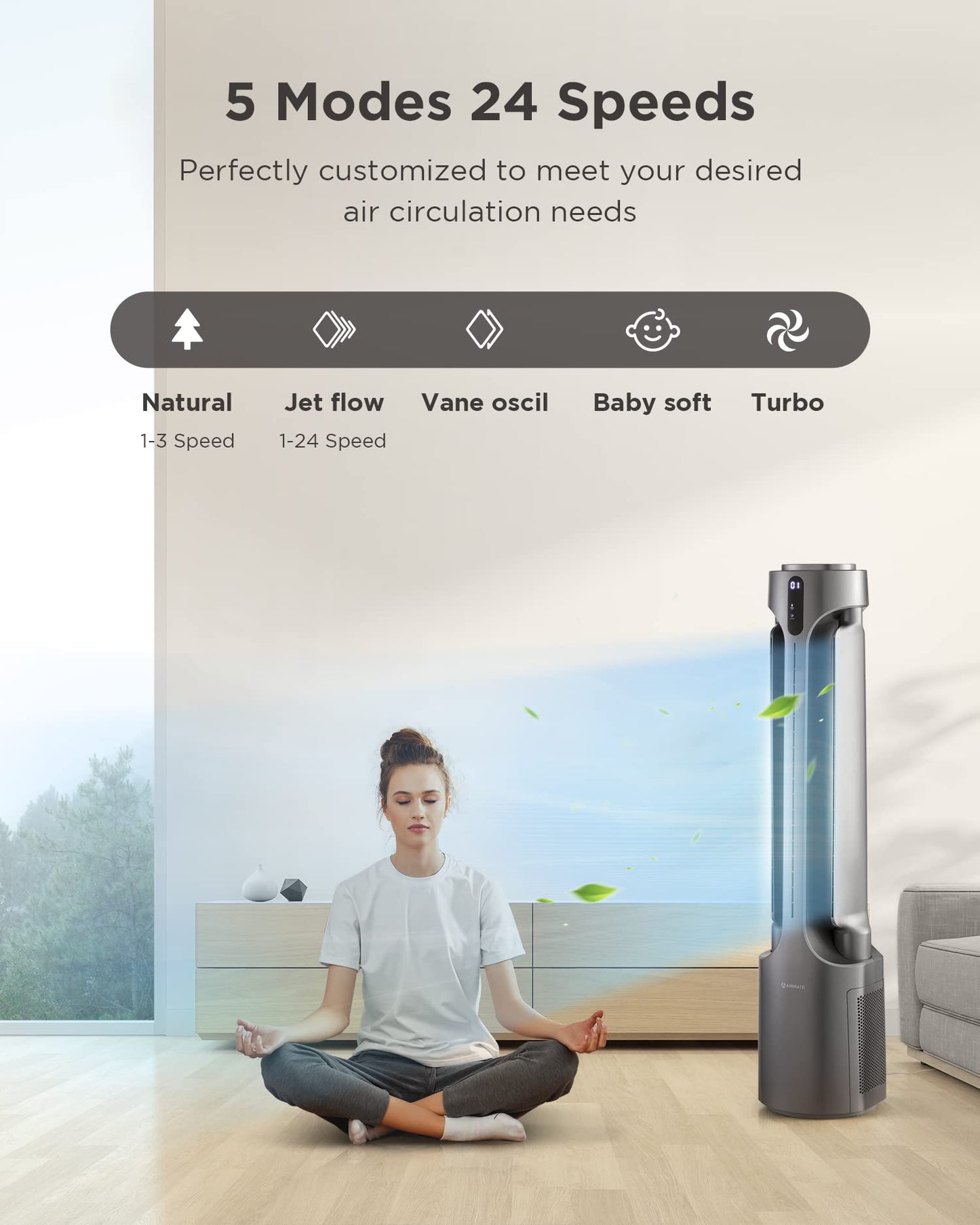 AIRMATE Air Purifier Bladeless Tower Fans, 1500CFM Large Air Volume, 45" 2-in-1 Standing Fan for Bedroom & Home, 28ft/s Velocity, 90° Oscillation, 15H Timer, Low Noise, Silver