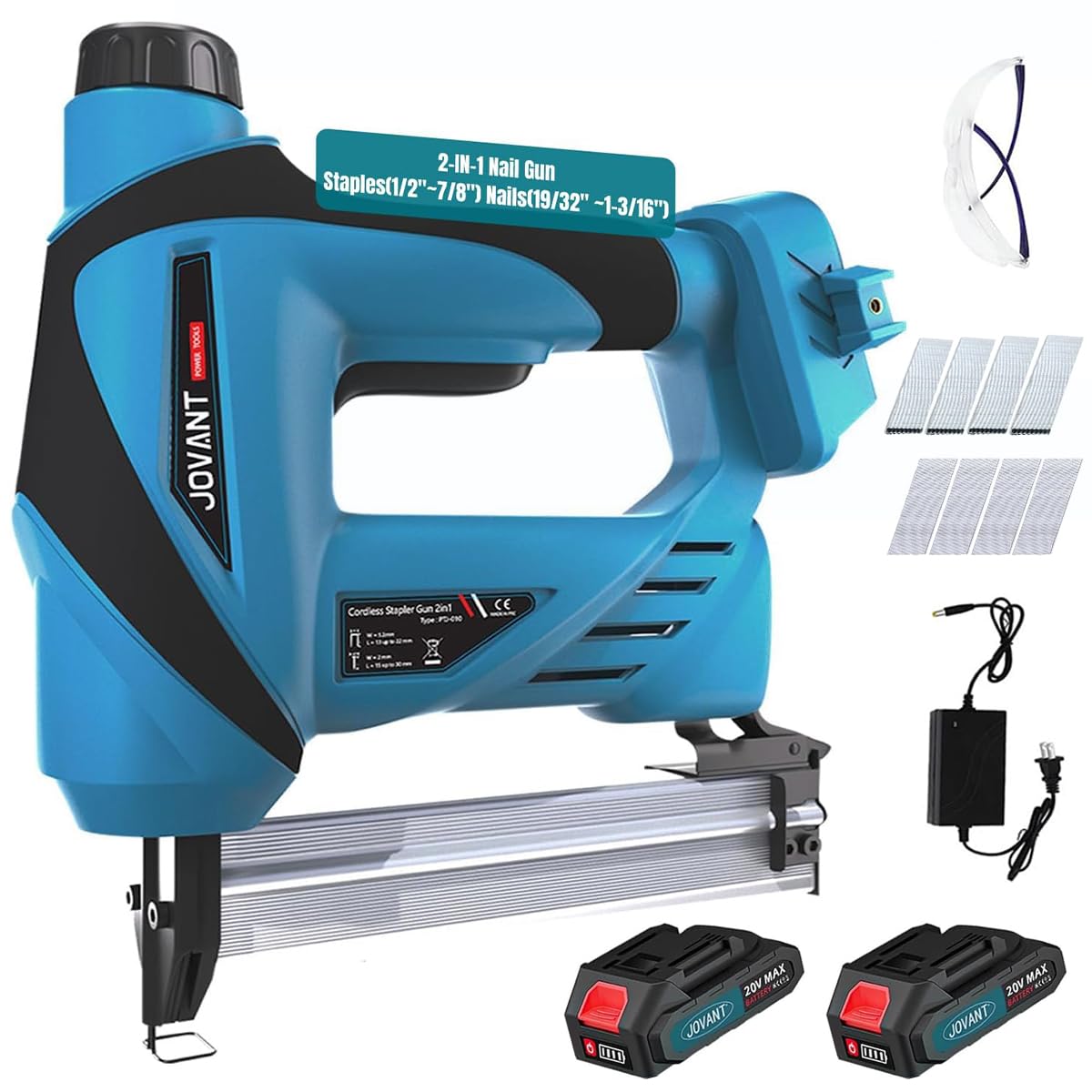 Nail Gun Battery Powered, Cordless Nail Gun with 2 * 2.0Ah Li-ion Battery, 20V 2 in 1 Electric Nail Gun with Staple Remover, Battery Nail Gun for Upholstery, Small Projects and Woodworking
