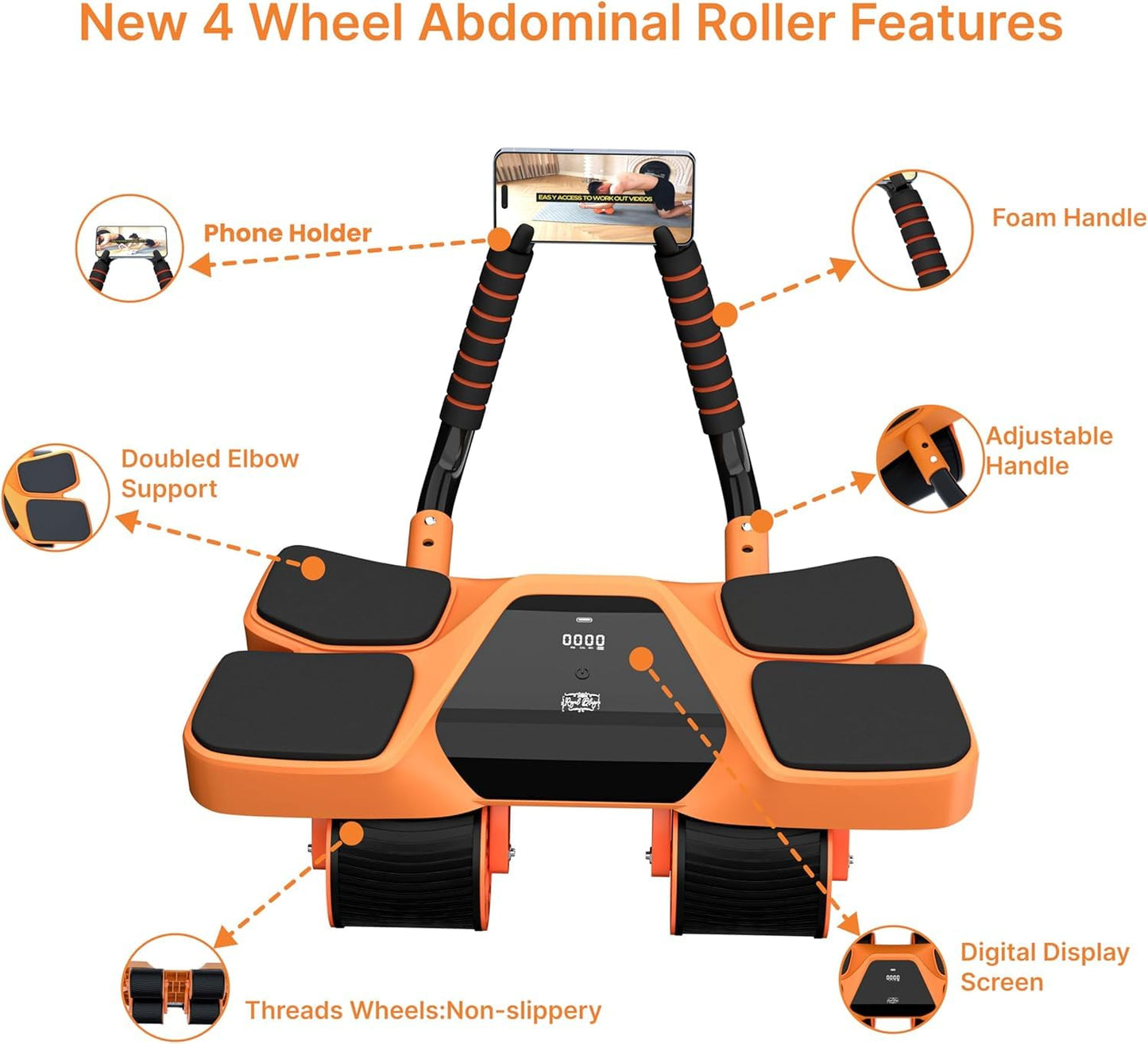 2026 New 4-Wheel Abdominal Roller with Elbow Support : Latest Upgraded High-Performance Exercise Machine With Automatic Rebound, Multi- layered Anti-Slip Design with Built-in Workout Tracker (Orange + 3 Bands + 1 Strap)
