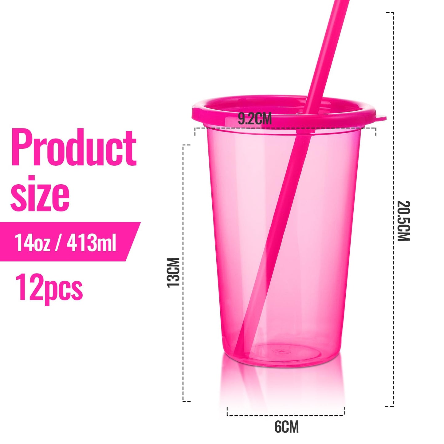 Nuanchu Plastic Cups with lids and Straws Reusable 14oz Tumbler with Sheets Letter Stickers for adult Iced Coffee Cup Travel Mug for Party Favors Beach Juices(Hot Pink,12 Pcs)