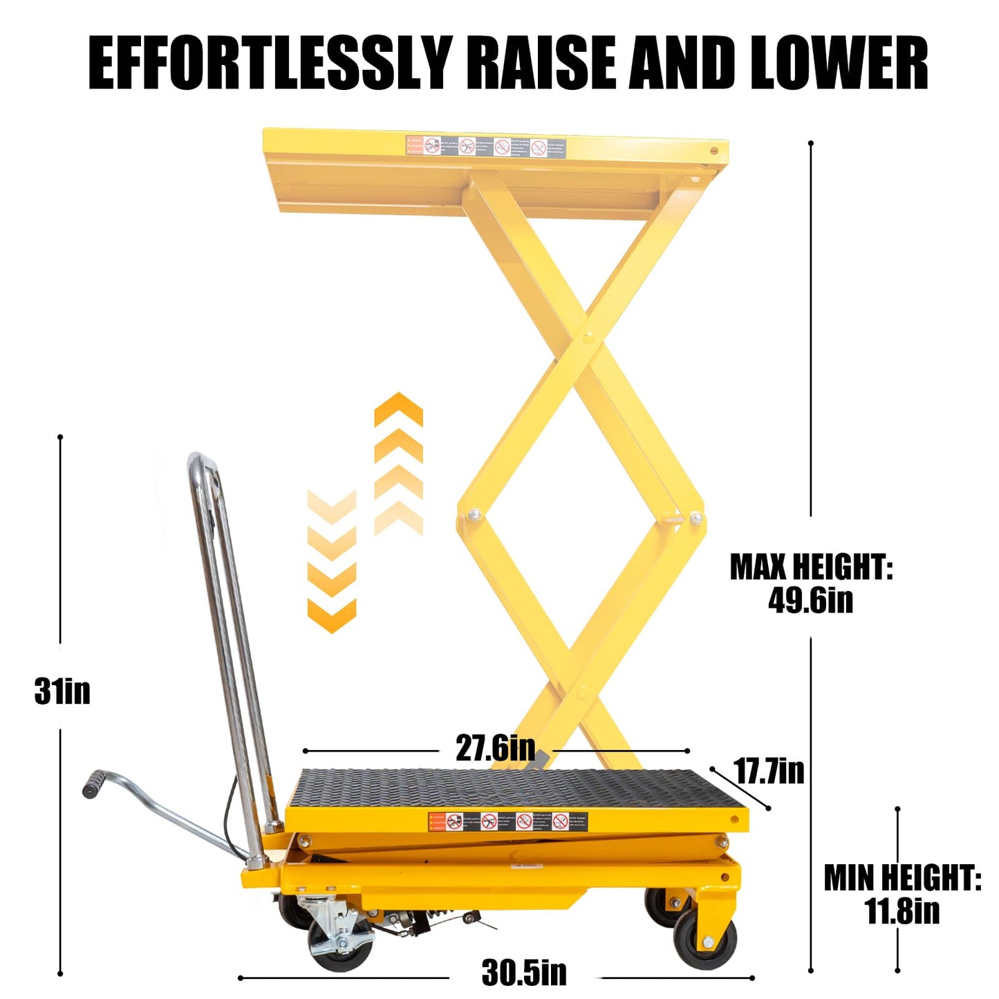 Hydraulic Lift Table Cart, 440lbs Capacity 49.6'' Max Lift, Double Scissor Lift Table w/4 Wheels & Non-Slip Pad, Heavy Duty Hydraulic Platform Lift Cart for Warehouse, Shop, Garage Material Handling