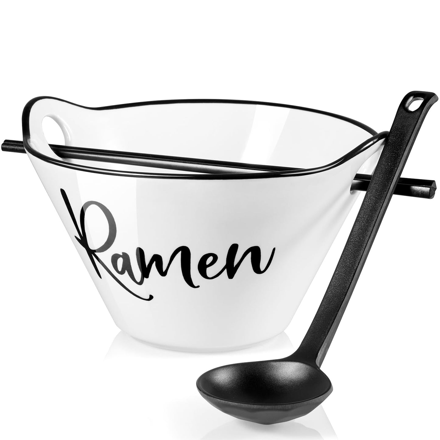 DAYYET Ceramic Ramen Bowl with Chopsticks and Spoon, 26 oz Farmhouse Deep Japanese Noodle Bowl for Udon, Soba, Pho, Rice and Soup, Microwave and Dishwasher Safe, White