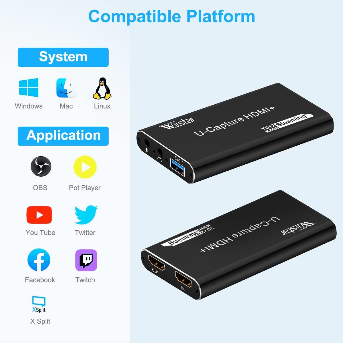 HDSUNWSTD 4K 1080P 3.0 Audio Video Capture Card, Recording Card with Microphone HDMI Loop-OutHDMI to USB for Gaming