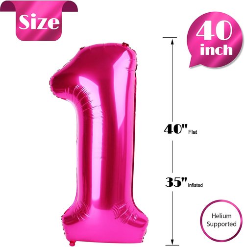 Hot Pink Number 1 Balloon - 40 Inch Shiny First Birthday Decoration for Boys & Girls
