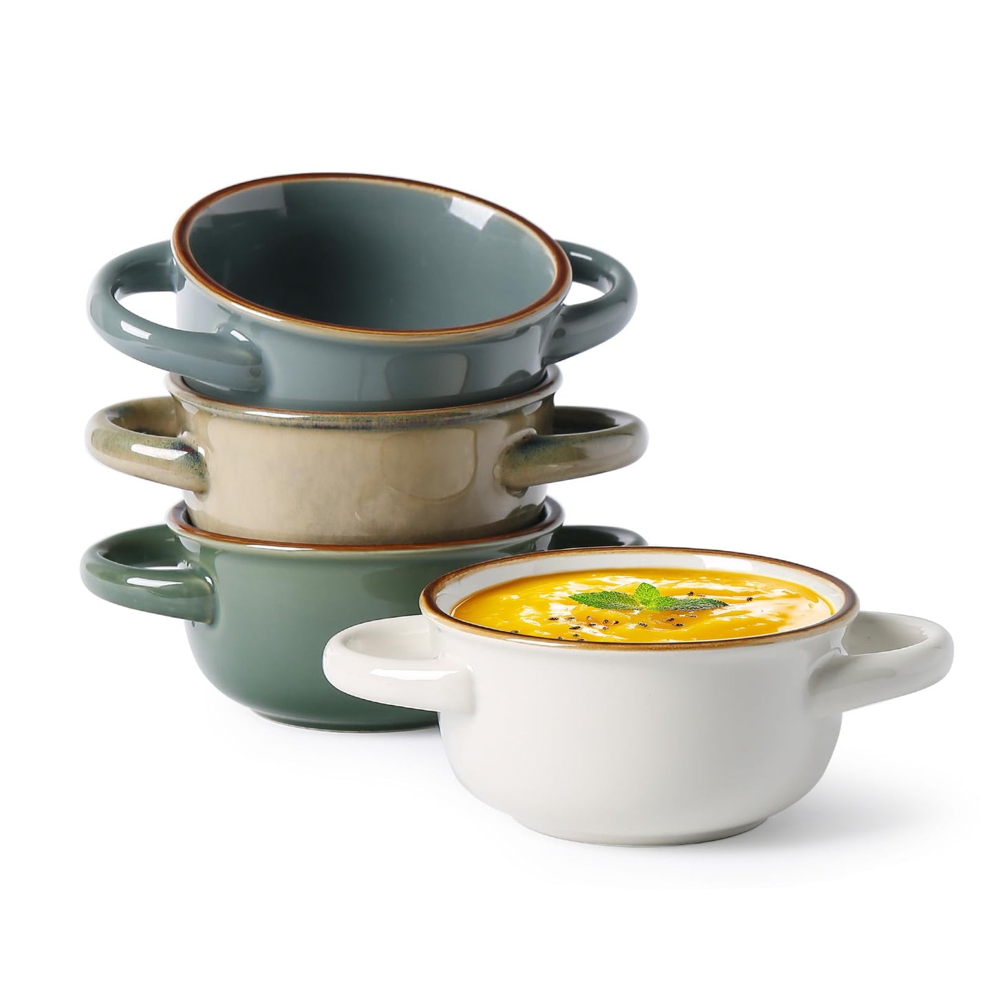 MONITO Ceramic Soup Bowl with Handles, 16 oz French Onion Soup Bowls, Ceramic Soup Bowls for Cereal, Pasta, Chilli, Beef Stew, Stackable Serving Bowl Set of 4 (16 OZ)