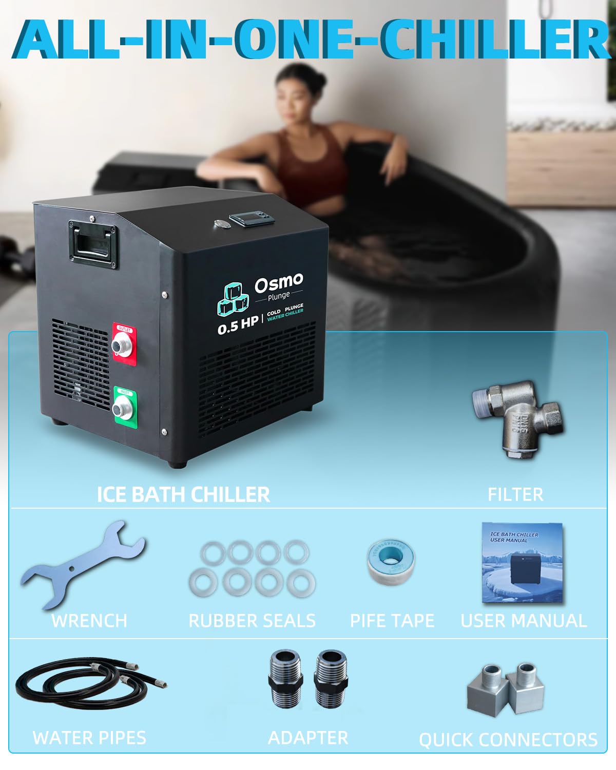 1/2 HP Ice Bath Chiller Cold Plunge Water Chiller for Home Use Compatible with Cold Tubs 1200W Fast Cooling, App-Enabled Temperature Control, Low Noise, IPX4 Splash Resistant