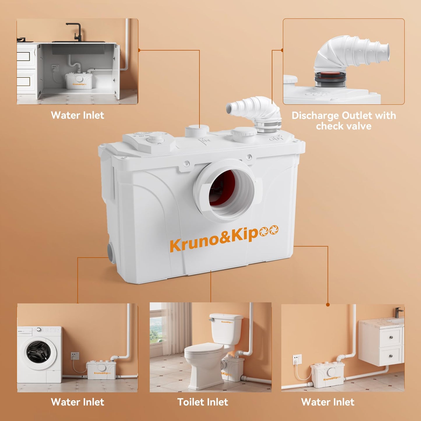 Macerator Pump for Basement Waste Water Disposal Lifting Up, Sewage Pump with 4 Inlets for Toilet, Sink, Laundry, Shower, Upflush to 30ft/11 m, 2960 GPH, Macerating Toilet Pump, 700 watt