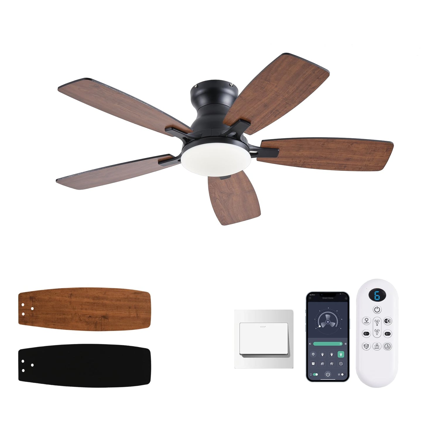 NKPU Ceiling Fans with Lights, Low Profile Ceiling Fan with Light and Remote/APP Control, DC Motor, Noiseless, Flush Mount, 42inch Brown Ceiling Fan for Bedroom Indoor/Outdoor Use